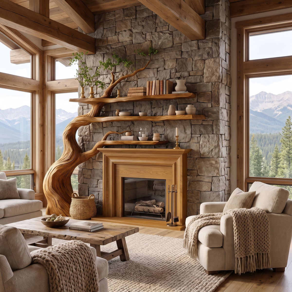 Thornmere Sculpted Solid Wood Tree-Shaped Fireplace Mantel with Display Shelves Teak - Timberustic Tree-Shaped Fireplace Mantel with Display Shelves