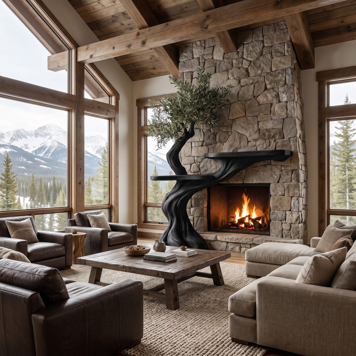 Thornvale Sculpted Solid Wood Tree-Shaped Fireplace Mantel with Display Shelves Black - Timberustic Tree-Shaped Fireplace Mantel with Display Shelves