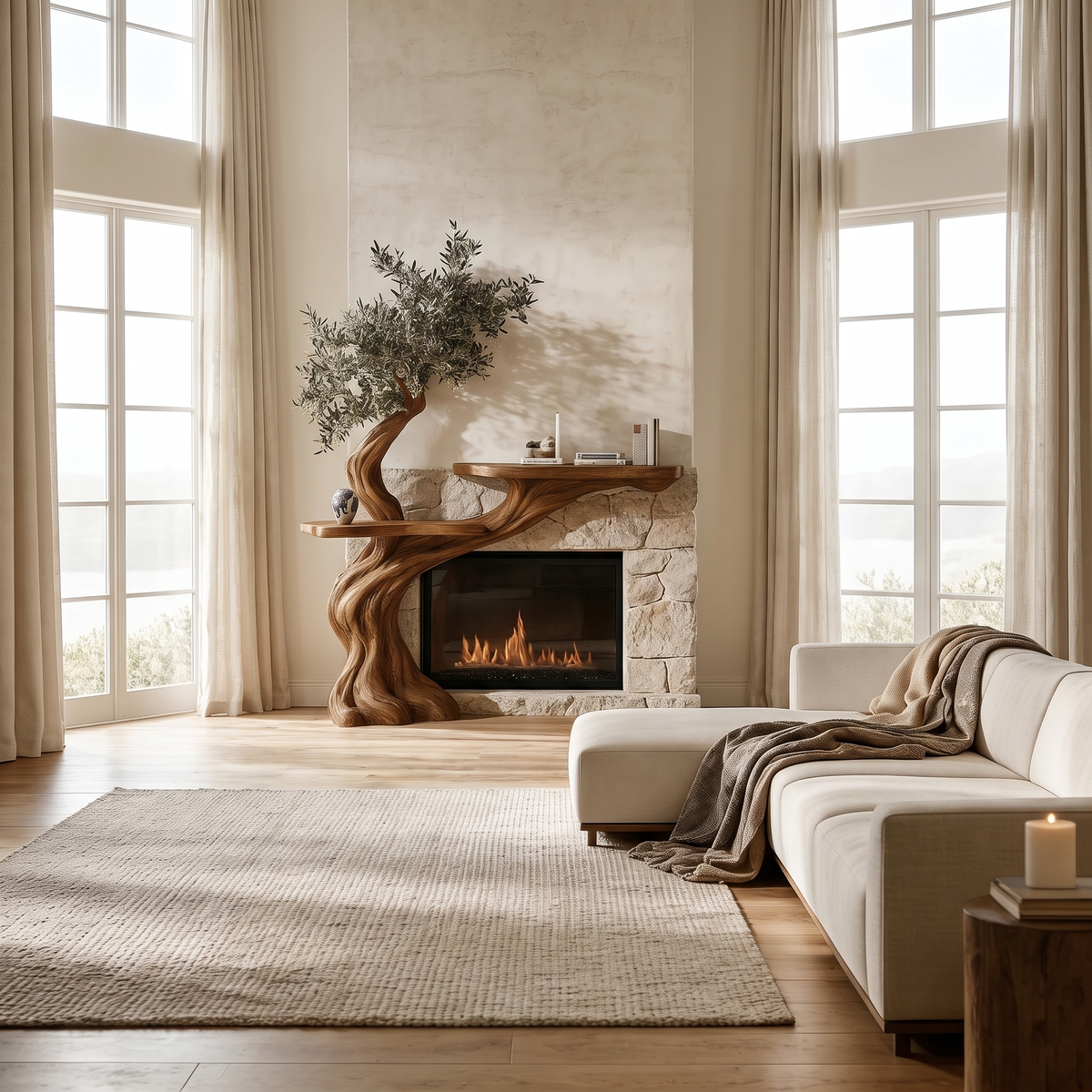 Thornvale Sculpted Solid Wood Tree-Shaped Fireplace Mantel with Display Shelves Brown - Timberustic Tree-Shaped Fireplace Mantel with Display Shelves