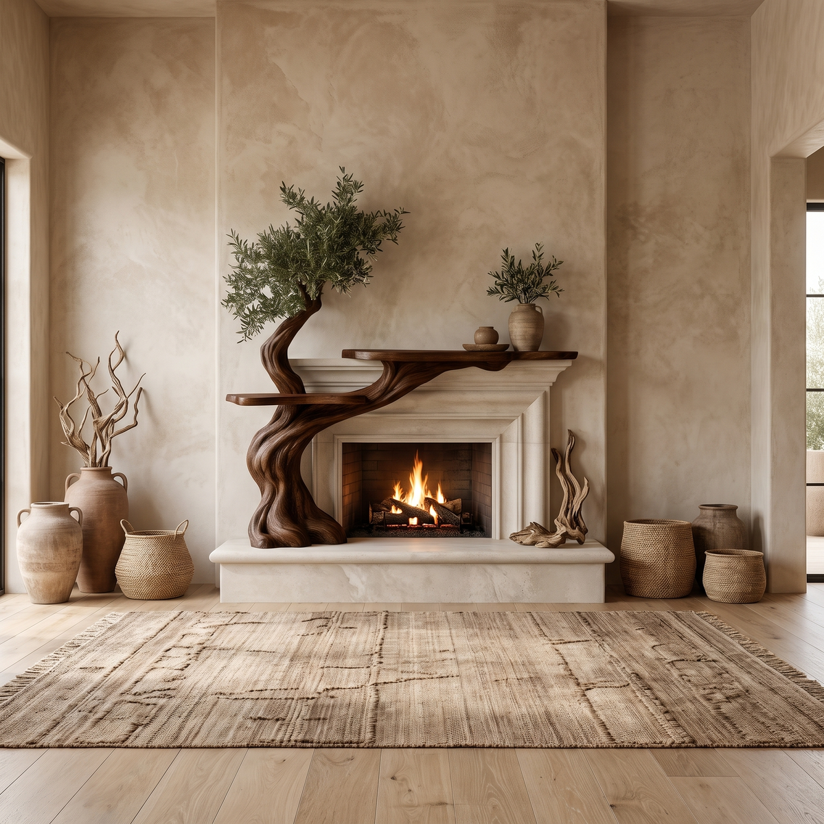 Thornvale Sculpted Solid Wood Tree-Shaped Fireplace Mantel with Display Shelves Dark Walnut - Timberustic Tree-Shaped Fireplace Mantel with Display Shelves