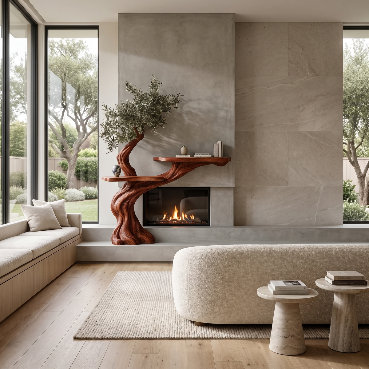 Thornvale Sculpted Solid Wood Tree-Shaped Fireplace Mantel with Display Shelves Mahogany - Timberustic Tree-Shaped Fireplace Mantel with Display Shelves