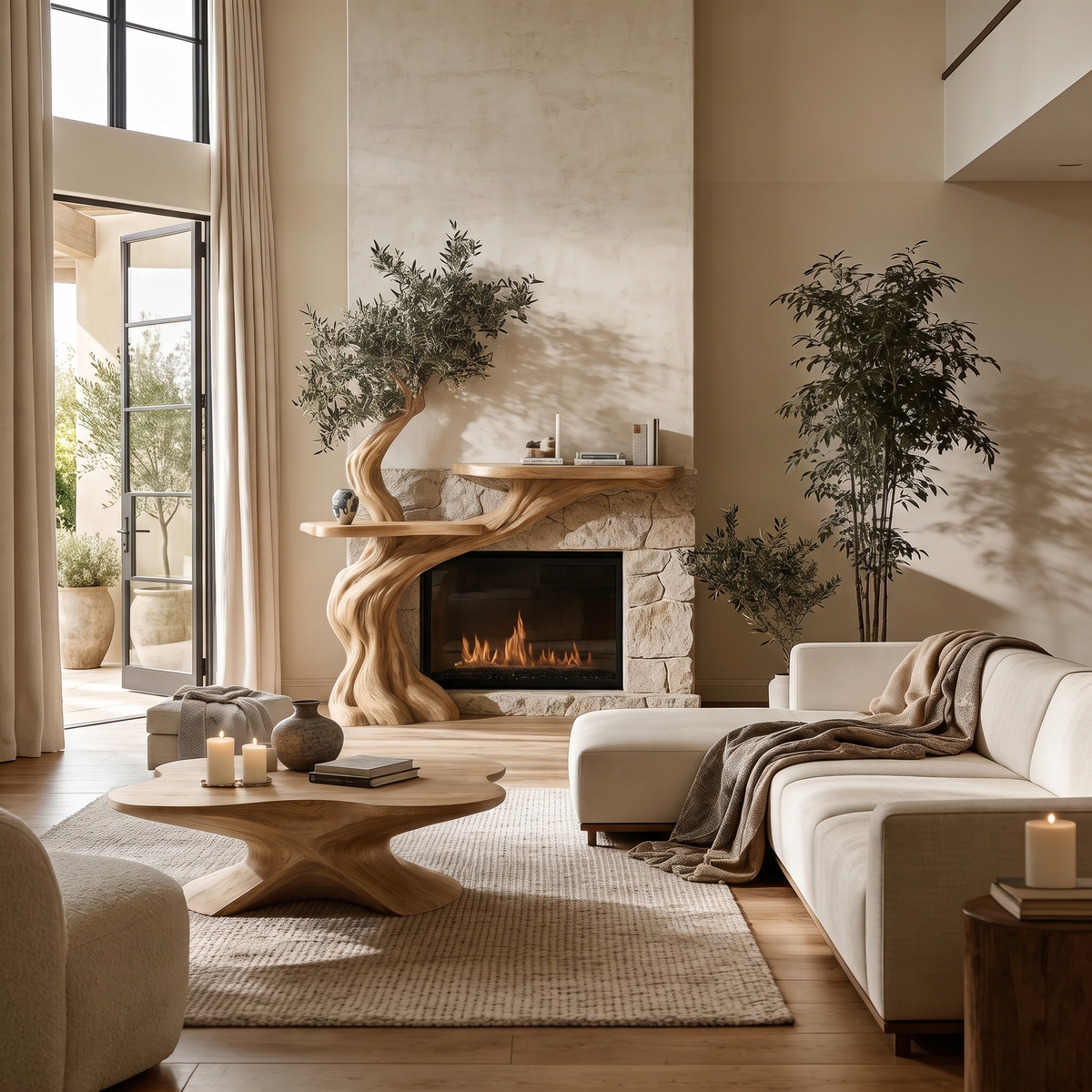 Thornvale Sculpted Solid Wood Tree-Shaped Fireplace Mantel with Display Shelves Natural Oak - Timberustic Tree-Shaped Fireplace Mantel with Display Shelves