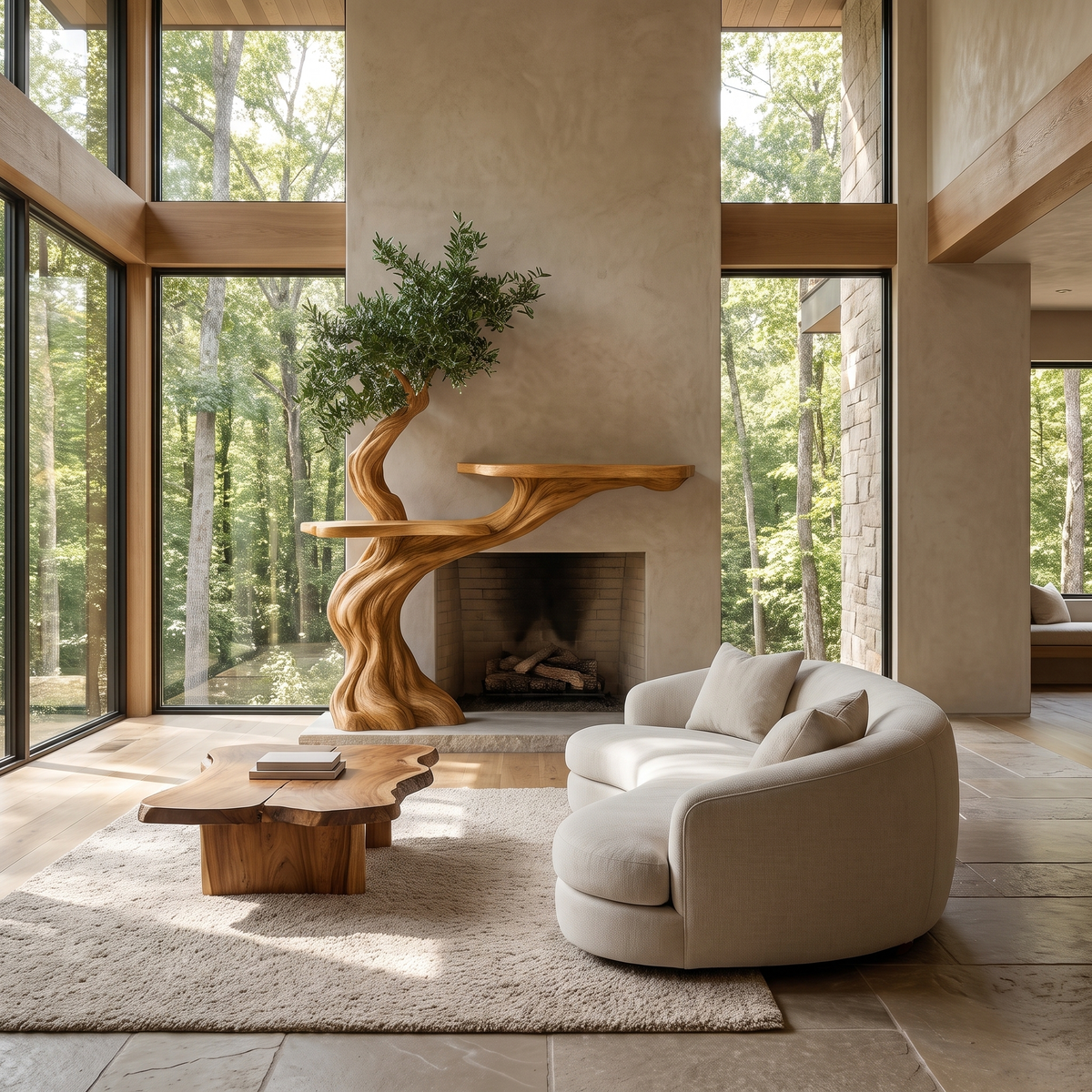 Thornvale Sculpted Solid Wood Tree-Shaped Fireplace Mantel with Display Shelves Teak - Timberustic Tree-Shaped Fireplace Mantel with Display Shelves
