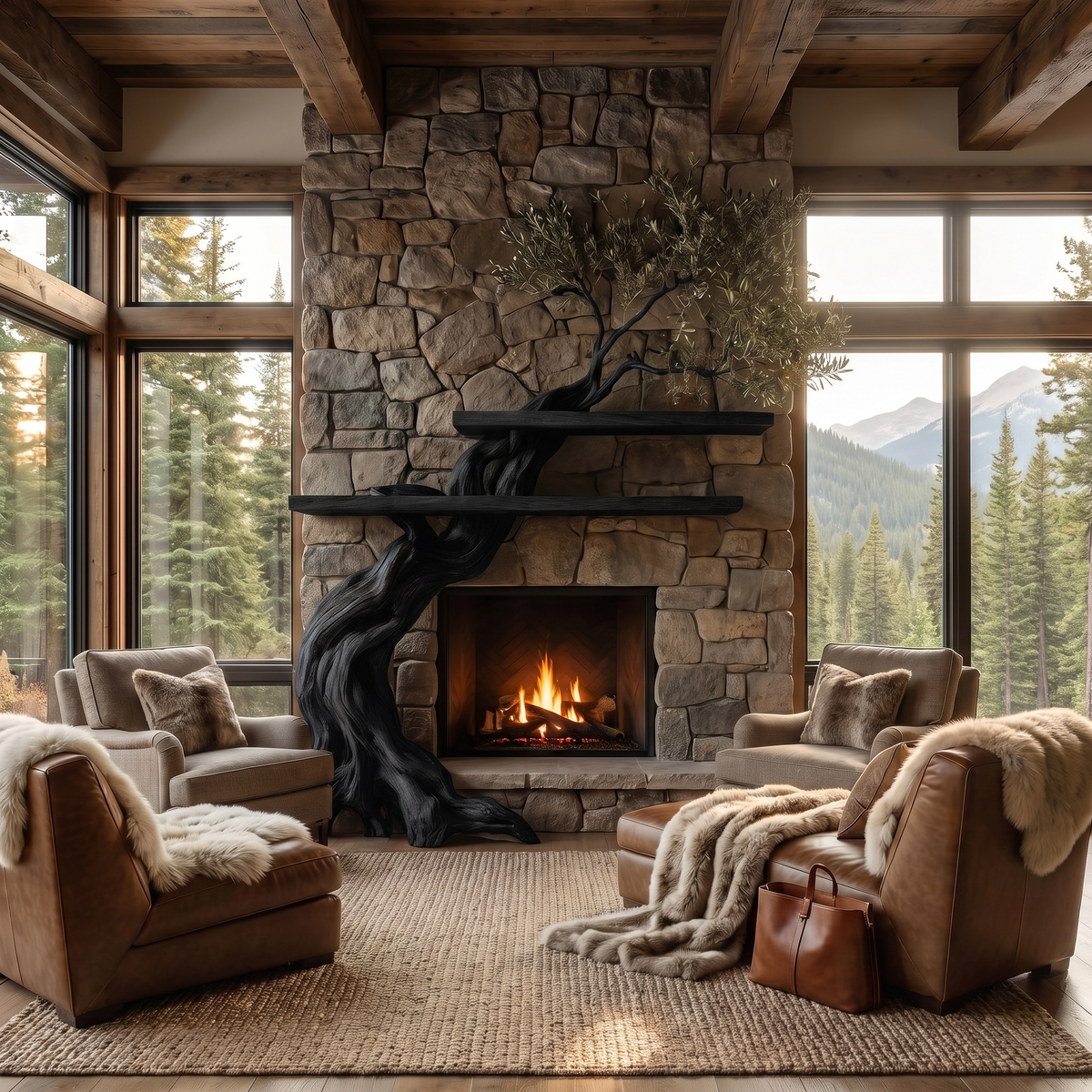 Timberhollow Sculpted Solid Wood Tree-Shaped Fireplace Mantel with Display Shelves Black - Timberustic Tree-Shaped Fireplace Mantel with Display Shelves