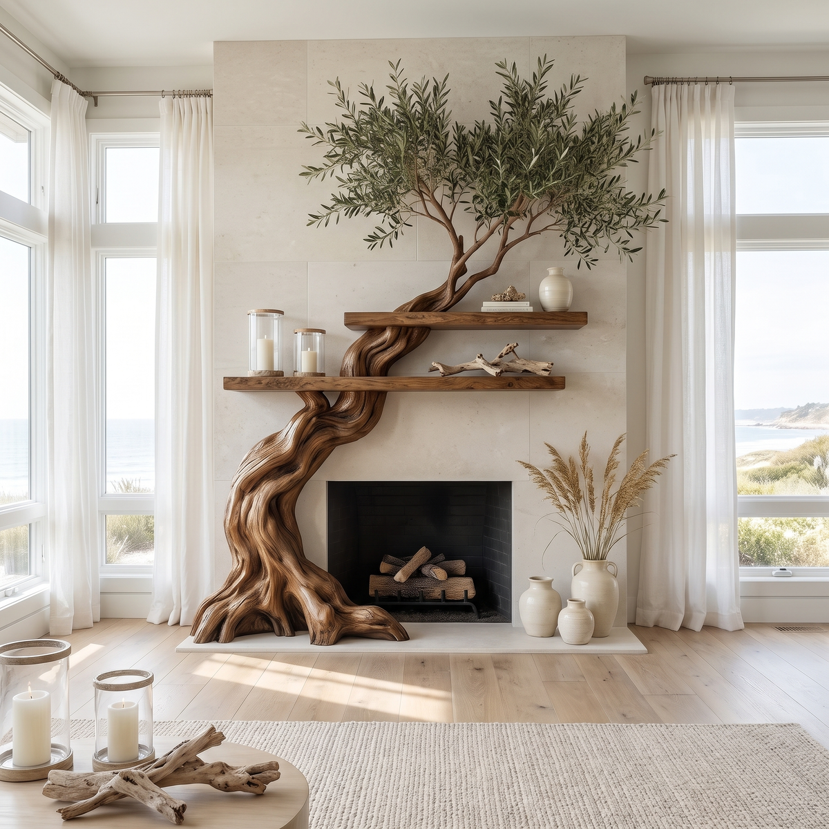 Timberhollow Sculpted Solid Wood Tree-Shaped Fireplace Mantel with Display Shelves Brown - Timberustic Tree-Shaped Fireplace Mantel with Display Shelves