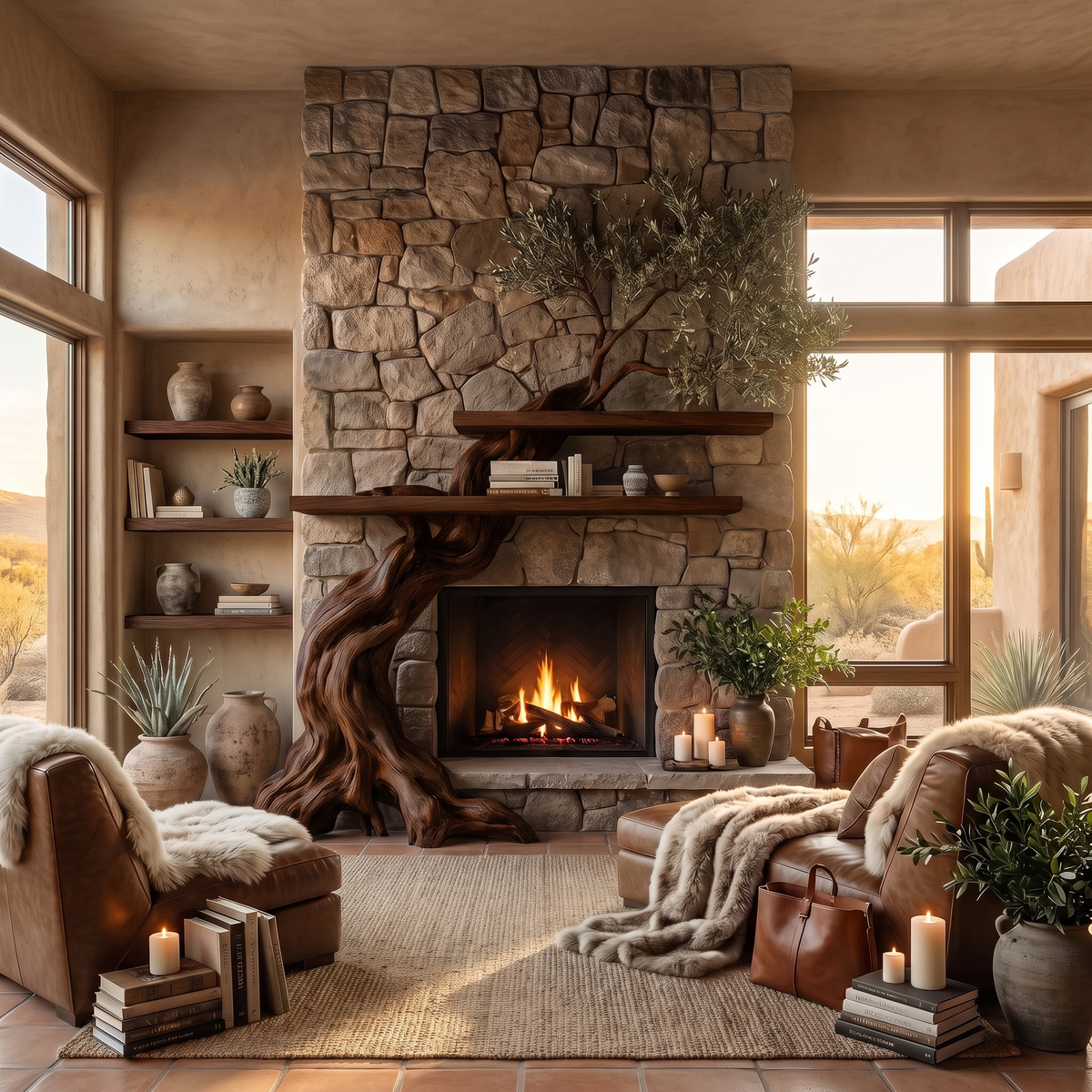 Timberhollow Sculpted Solid Wood Tree-Shaped Fireplace Mantel with Display Shelves Dark Walnut - Timberustic Tree-Shaped Fireplace Mantel with Display Shelves