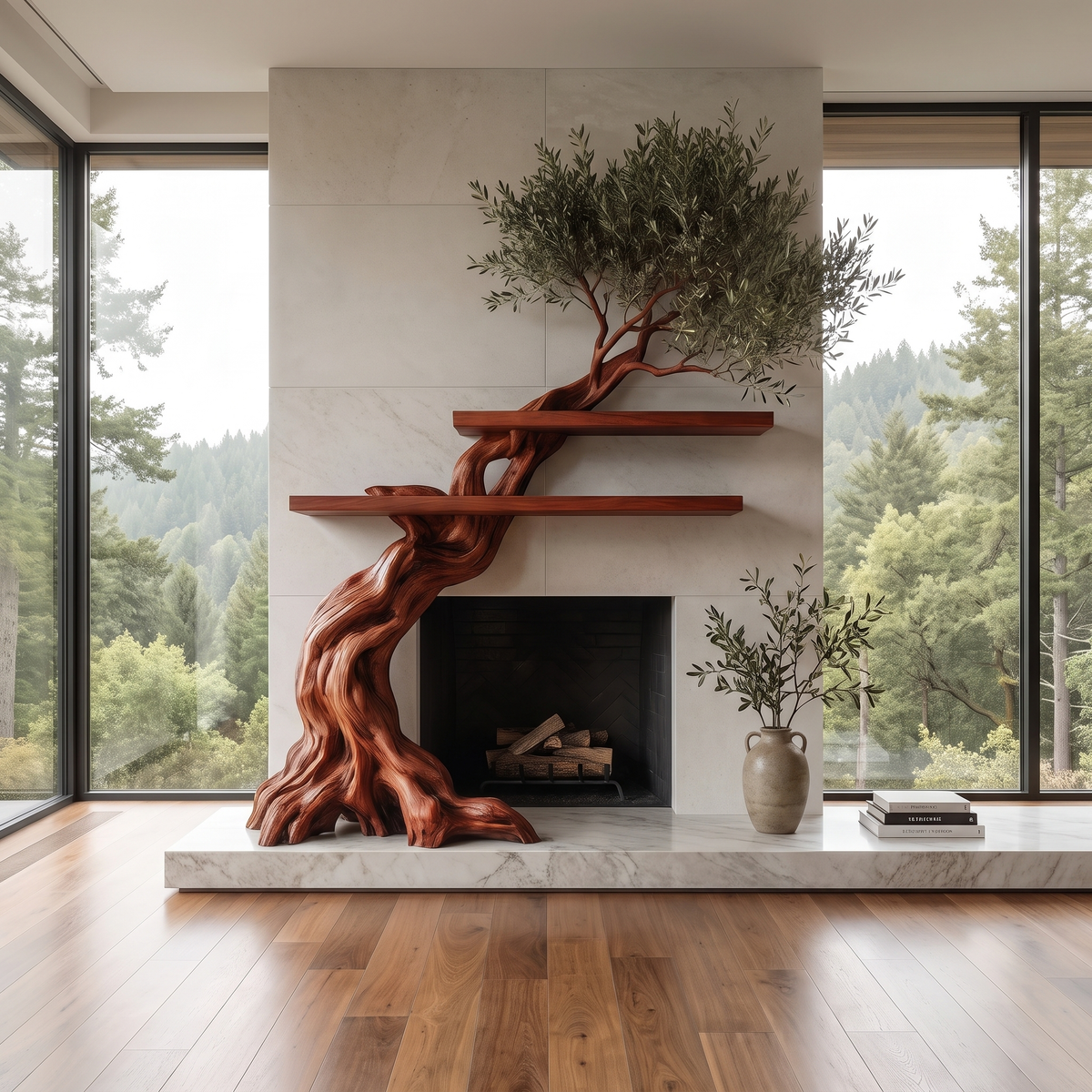 Timberhollow Sculpted Solid Wood Tree-Shaped Fireplace Mantel with Display Shelves Mahogany - Timberustic Tree-Shaped Fireplace Mantel with Display Shelves