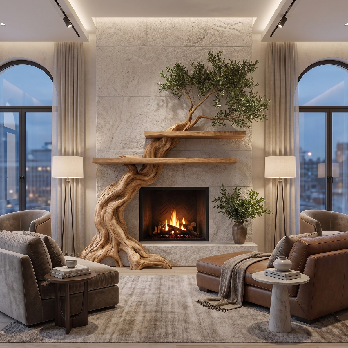 Timberhollow Sculpted Solid Wood Tree-Shaped Fireplace Mantel with Display Shelves Natural Oak - Timberustic Tree-Shaped Fireplace Mantel with Display Shelves