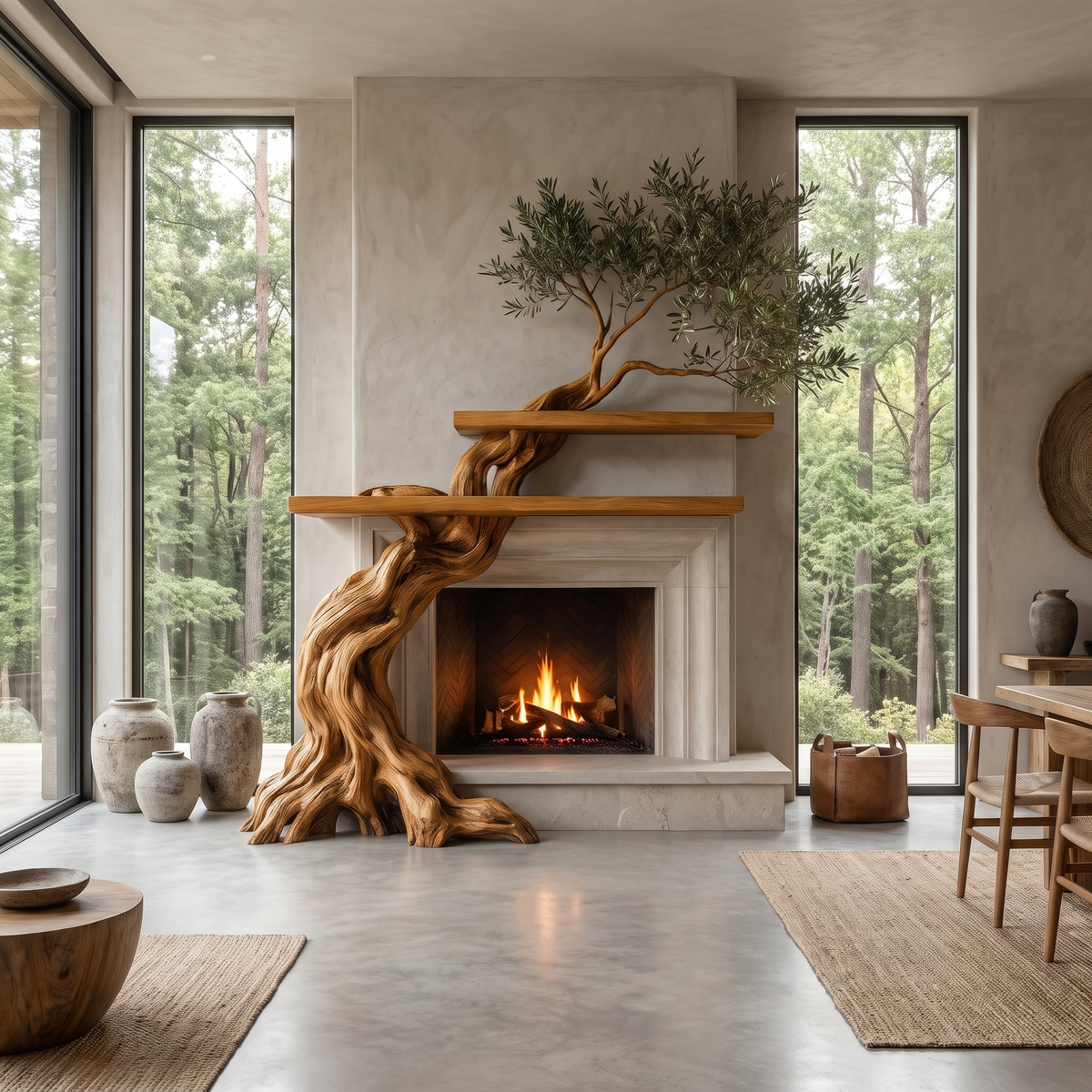 Timberhollow Sculpted Solid Wood Tree-Shaped Fireplace Mantel with Display Shelves Teak - Timberustic Tree-Shaped Fireplace Mantel with Display Shelves