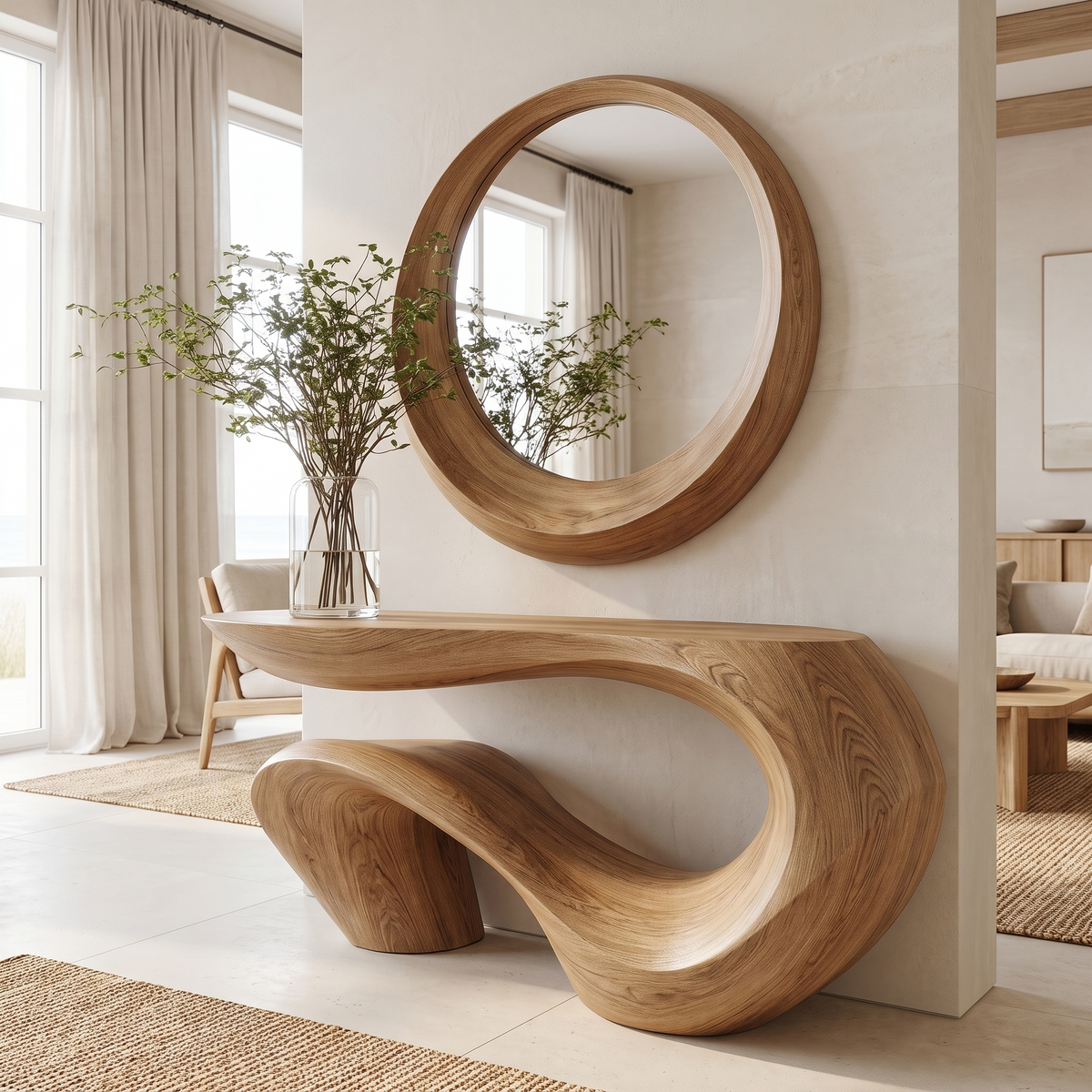 Vaelrith Sculpted Solid Wood Console Table — Natural Oak