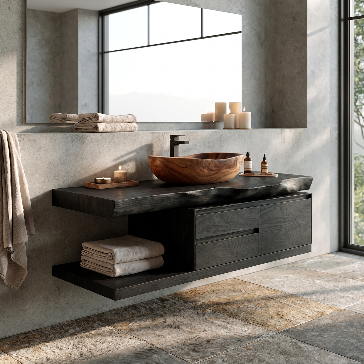 Vaelthorn Live Edge Solid Wood Floating Bathroom Vanity With Drawers Black - Timberustic Floating Bathroom Vanity With Drawers