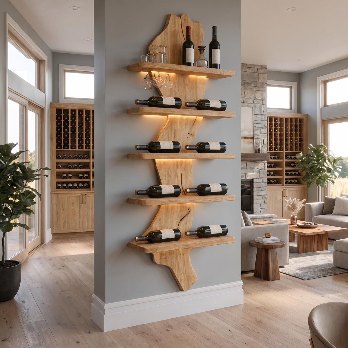 Valdoren Live Edge Solid Wood Floating Wine Shelf SPA395735 Natural Oak - Timberustic Floating Wine Shelf