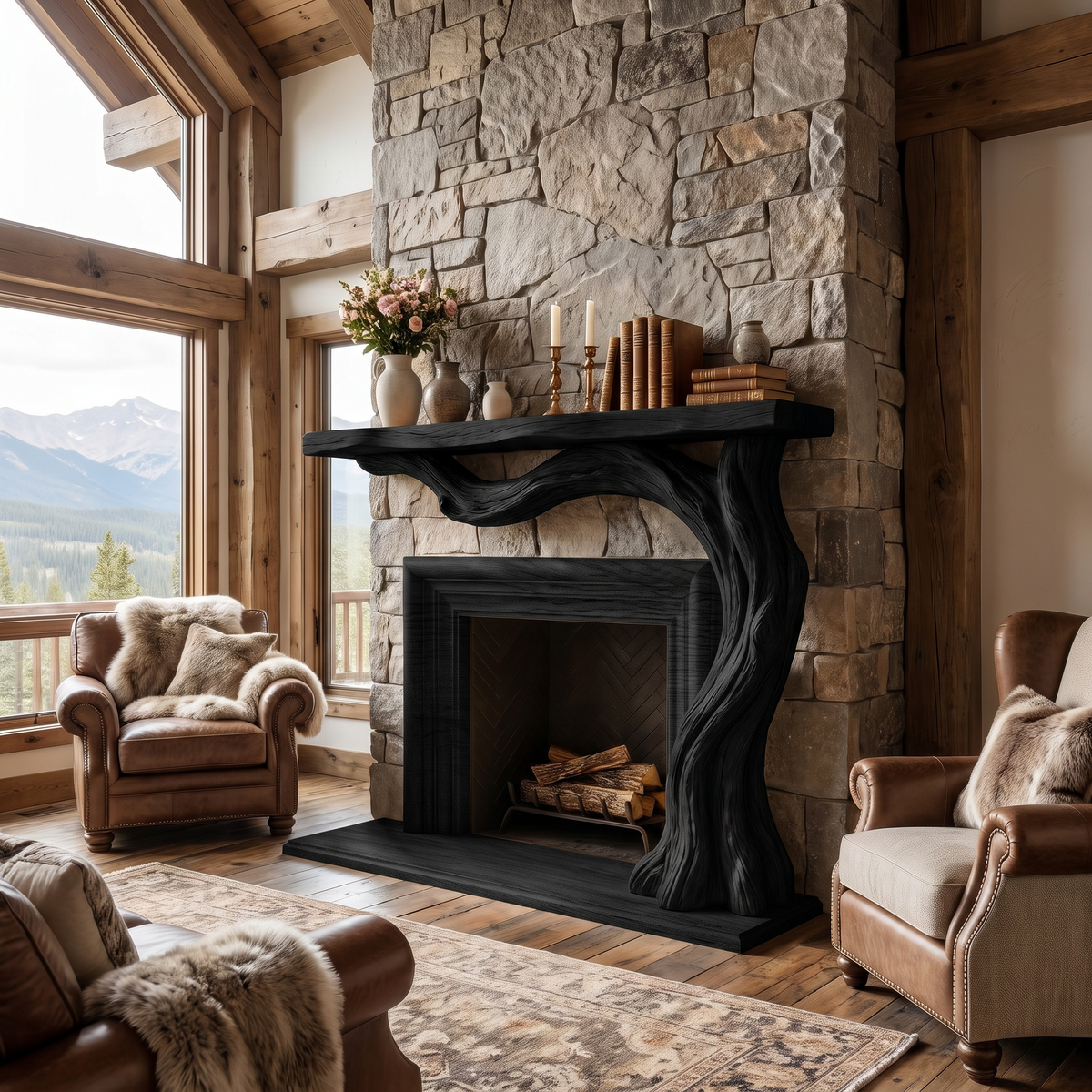 Valemere Sculpted Solid Wood Tree-Shaped Fireplace Mantel with Display Shelves Black - Timberustic Tree-Shaped Fireplace Mantel with Display Shelves