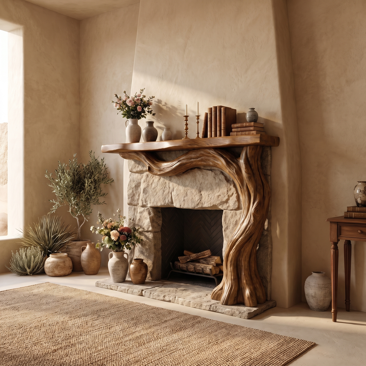 Valemere Sculpted Solid Wood Tree-Shaped Fireplace Mantel with Display Shelves Brown - Timberustic Tree-Shaped Fireplace Mantel with Display Shelves