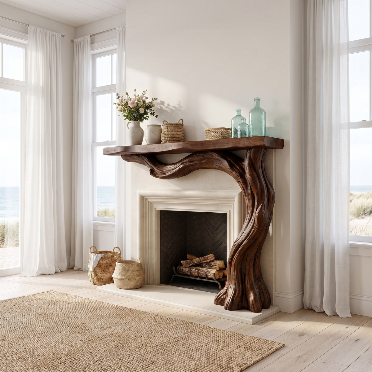 Valemere Sculpted Solid Wood Tree-Shaped Fireplace Mantel with Display Shelves Dark Walnut - Timberustic Tree-Shaped Fireplace Mantel with Display Shelves