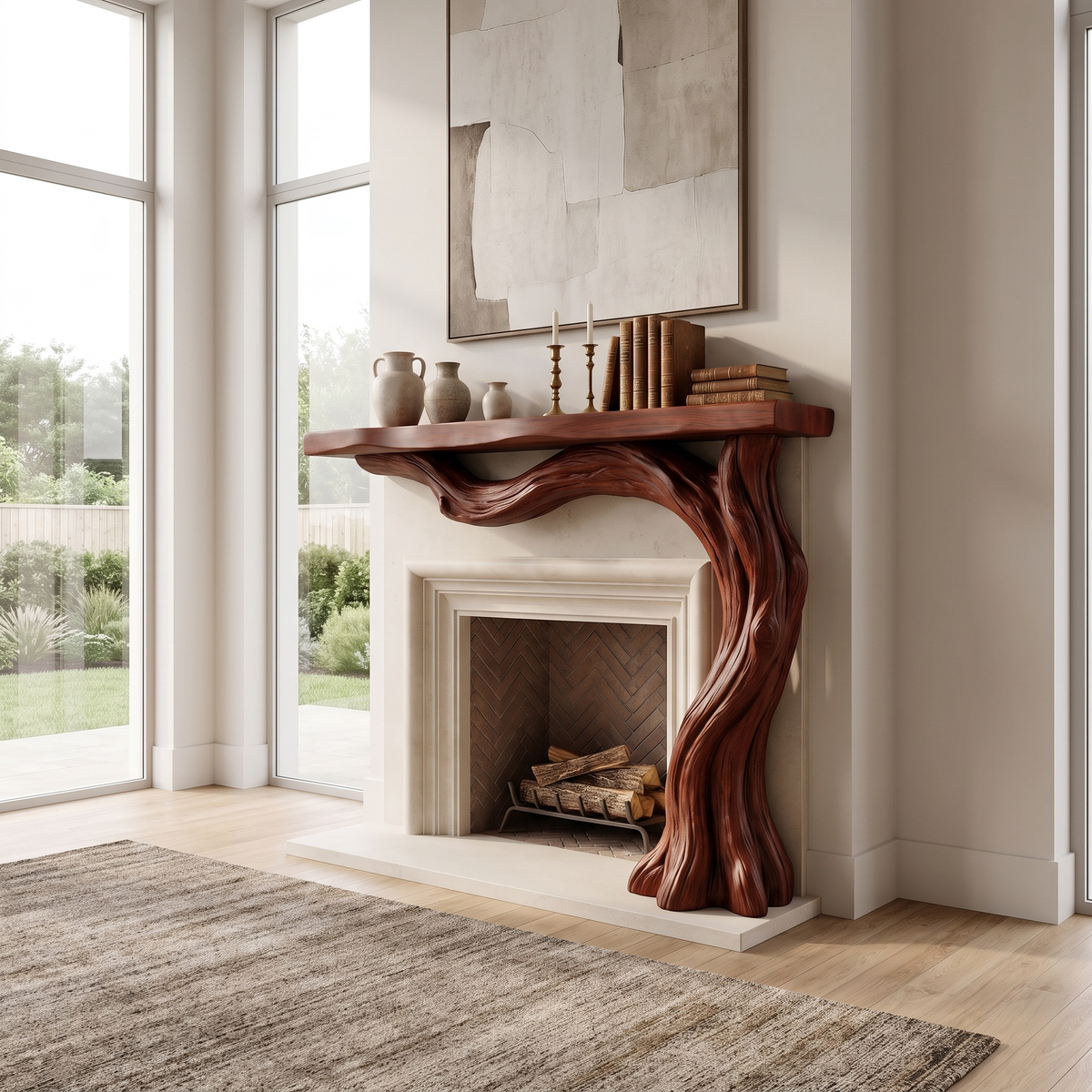 Valemere Sculpted Solid Wood Tree-Shaped Fireplace Mantel with Display Shelves Mahogany - Timberustic Tree-Shaped Fireplace Mantel with Display Shelves