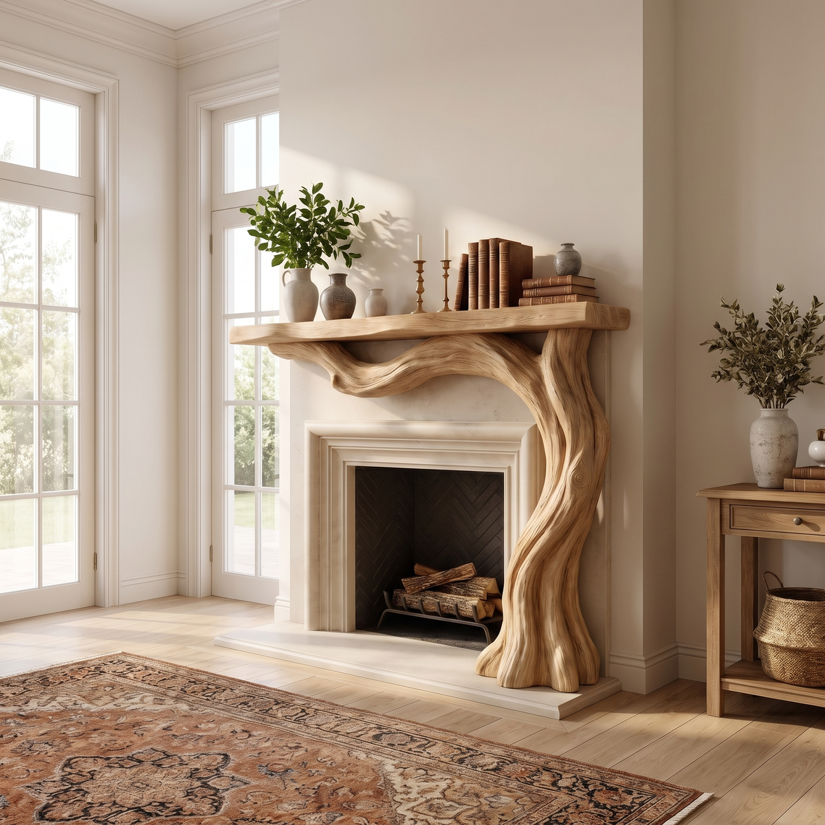 Valemere Sculpted Solid Wood Tree-Shaped Fireplace Mantel with Display Shelves Natural Oak - Timberustic Tree-Shaped Fireplace Mantel with Display Shelves