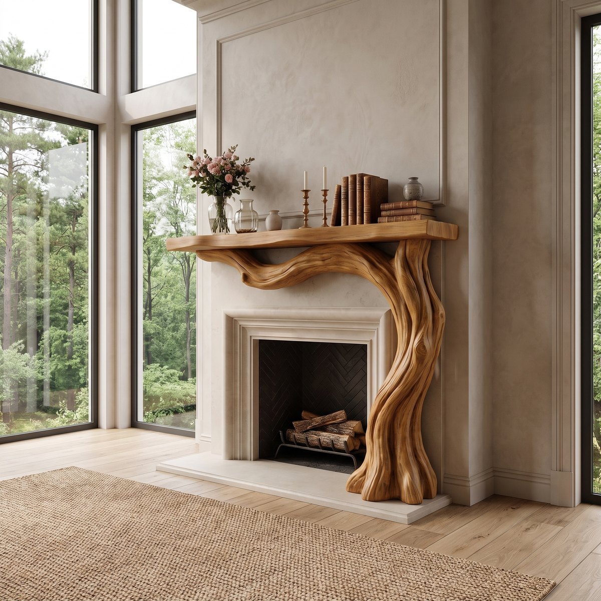 Valemere Sculpted Solid Wood Tree-Shaped Fireplace Mantel with Display Shelves Teak - Timberustic Tree-Shaped Fireplace Mantel with Display Shelves