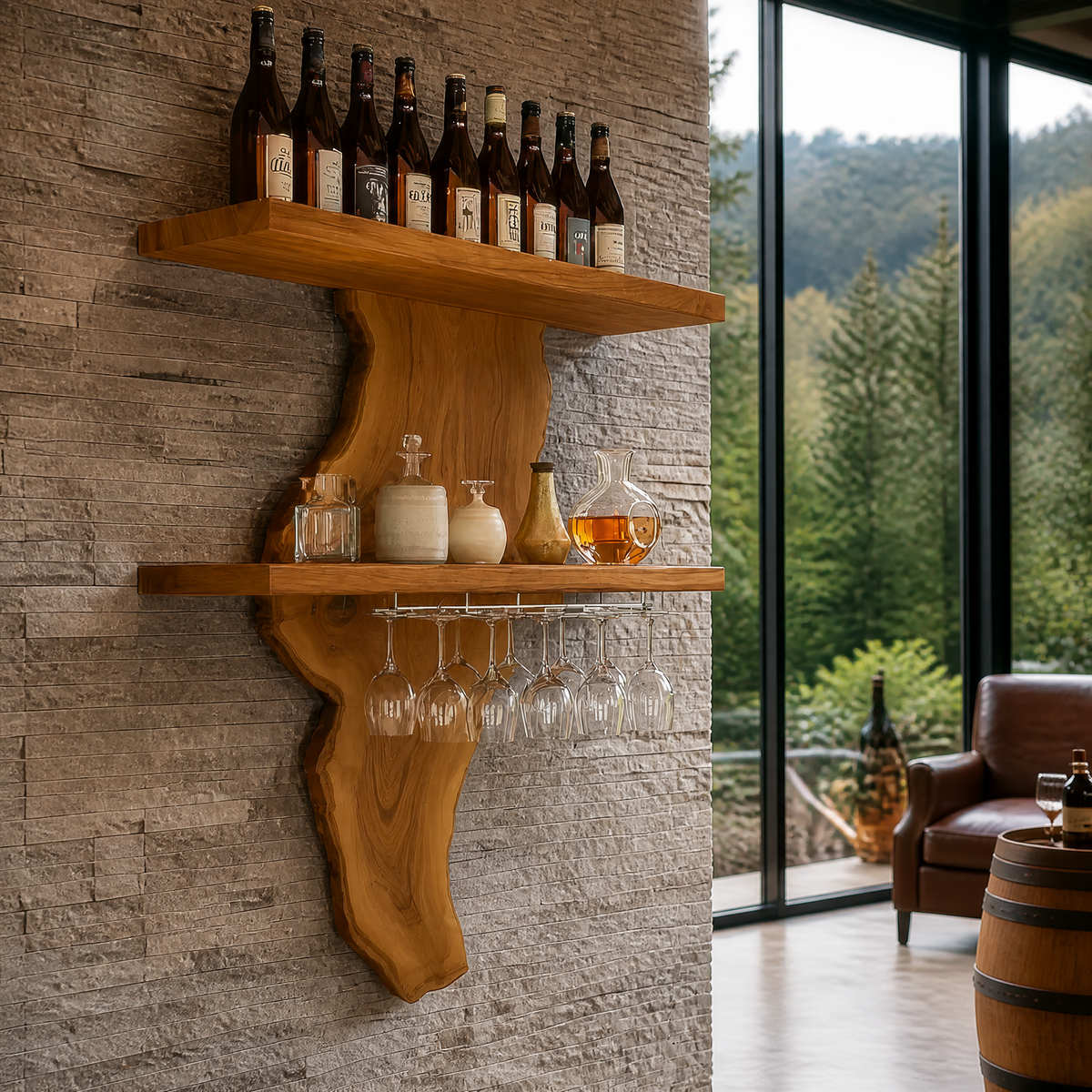 Valencrest Live Edge Solid Wood Floating Wine Shelf SPA024312 Teak - Timberustic Floating Wine Shelf