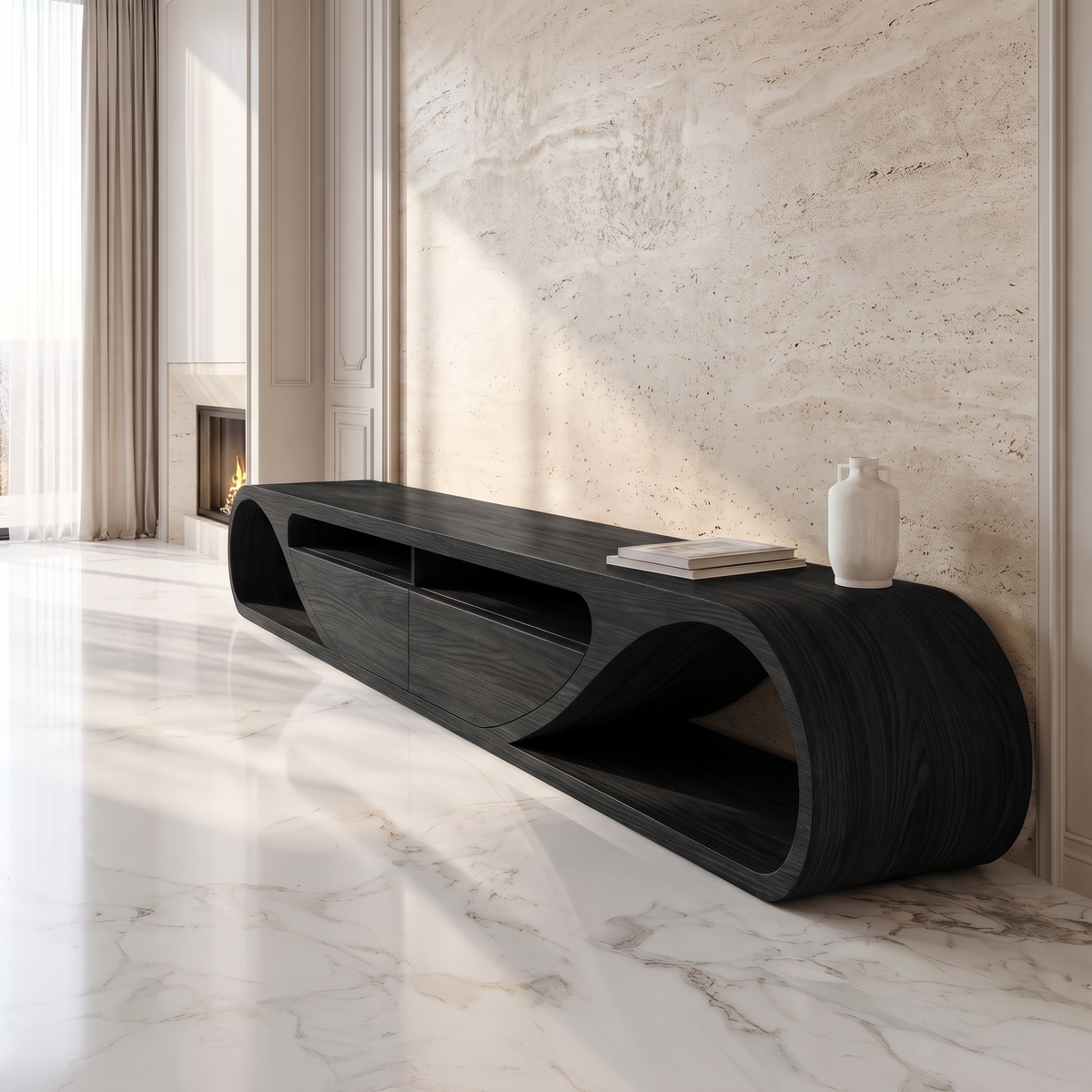 Velmora Sculpted Solid Wood TV Cabinet Black - Timberustic TV Cabinet