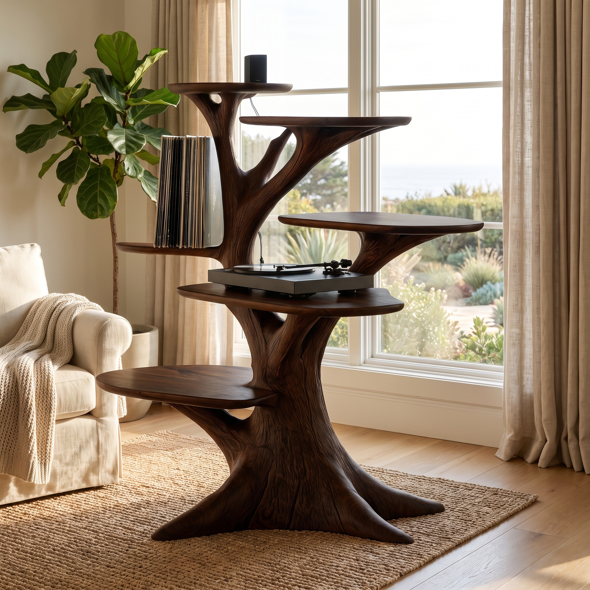 Veradorn Handcrafted Solid Wood Record Player Stand Dark Walnut - Timberustic Record Player Stand With Storage