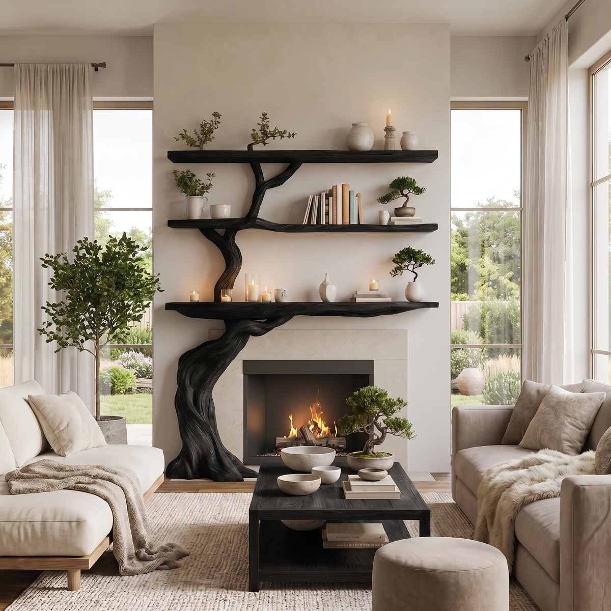 Verdantis Sculpted Solid Wood Tree-Shaped Fireplace Mantel with Display Shelves Black - Timberustic Tree-Shaped Fireplace Mantel with Display Shelves