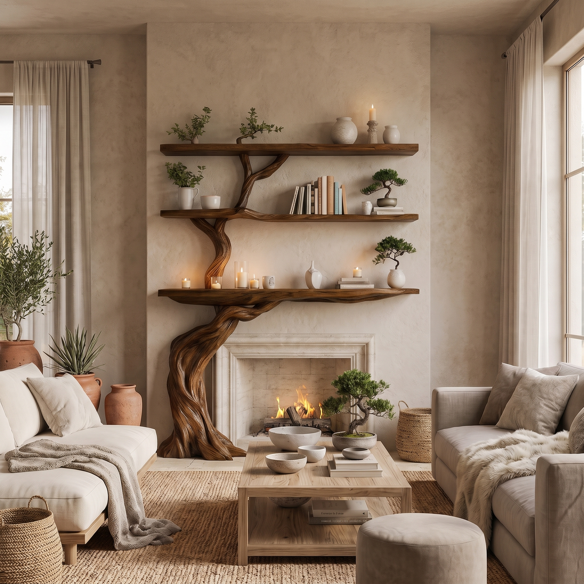 Verdantis Sculpted Solid Wood Tree-Shaped Fireplace Mantel with Display Shelves Brown - Timberustic Tree-Shaped Fireplace Mantel with Display Shelves