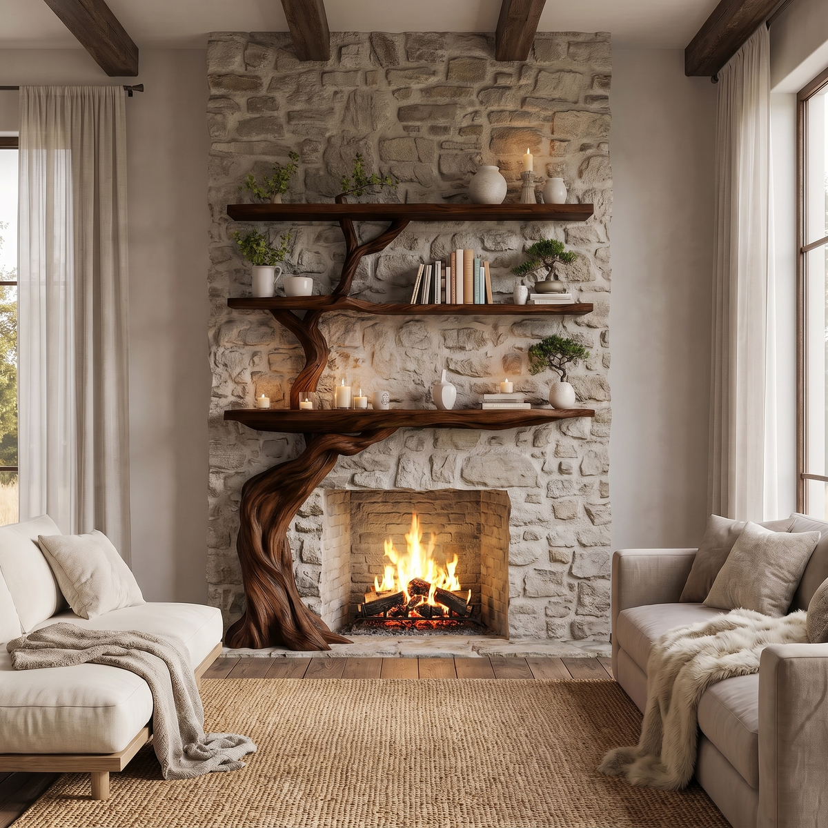 Verdantis Sculpted Solid Wood Tree-Shaped Fireplace Mantel with Display Shelves Dark Walnut - Timberustic Tree-Shaped Fireplace Mantel with Display Shelves