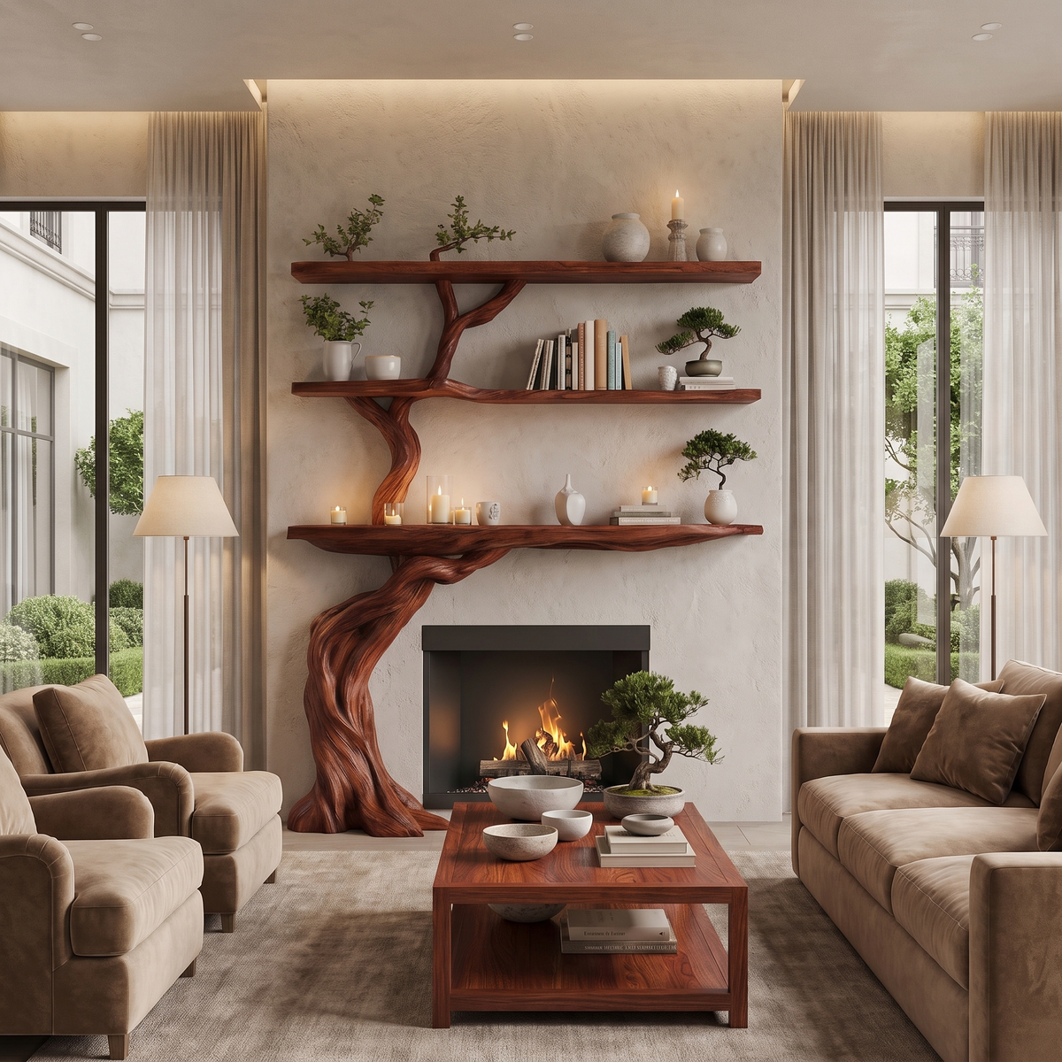 Verdantis Sculpted Solid Wood Tree-Shaped Fireplace Mantel with Display Shelves Mahogany - Timberustic Tree-Shaped Fireplace Mantel with Display Shelves