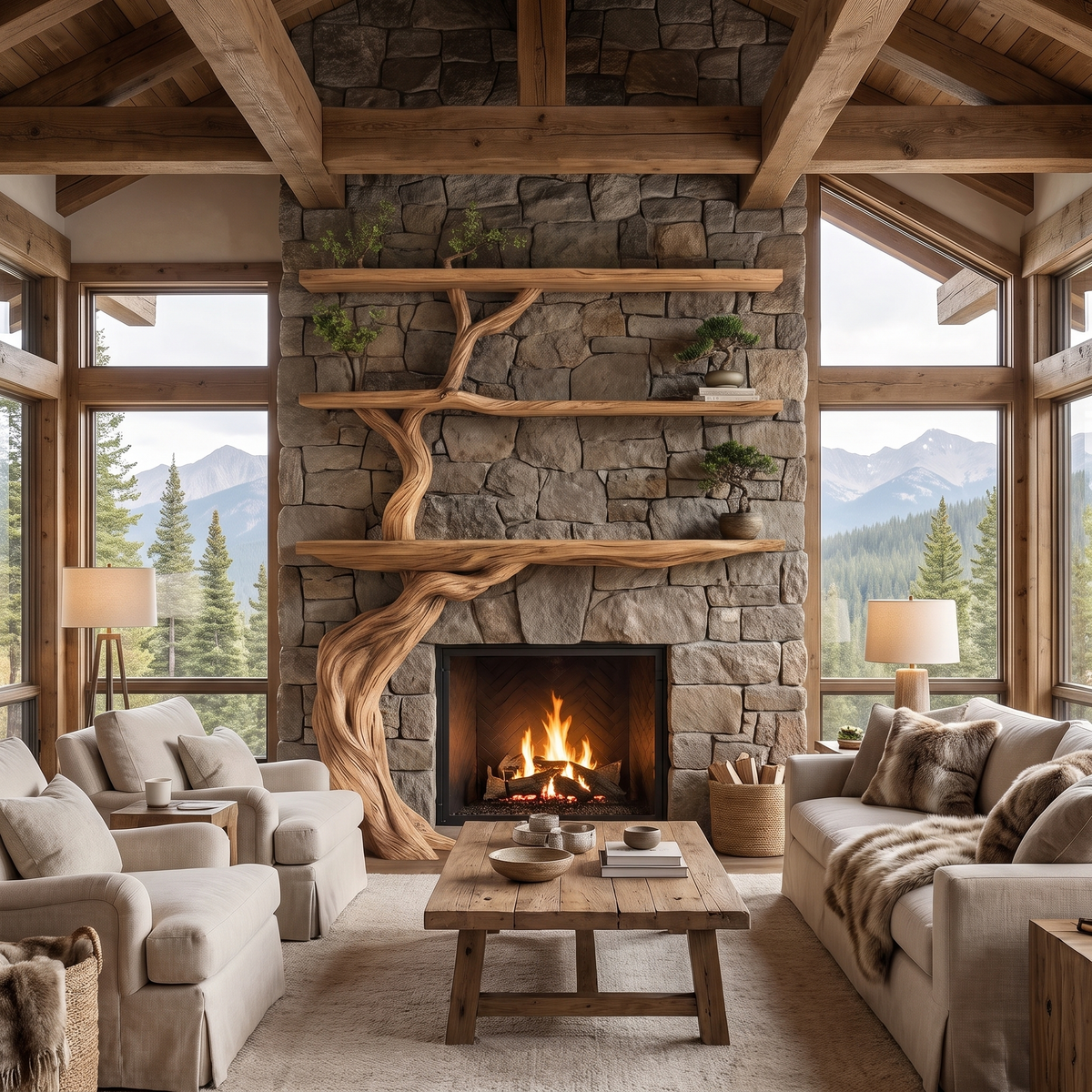 Verdantis Sculpted Solid Wood Tree-Shaped Fireplace Mantel with Display Shelves Natural Oak - Timberustic Tree-Shaped Fireplace Mantel with Display Shelves