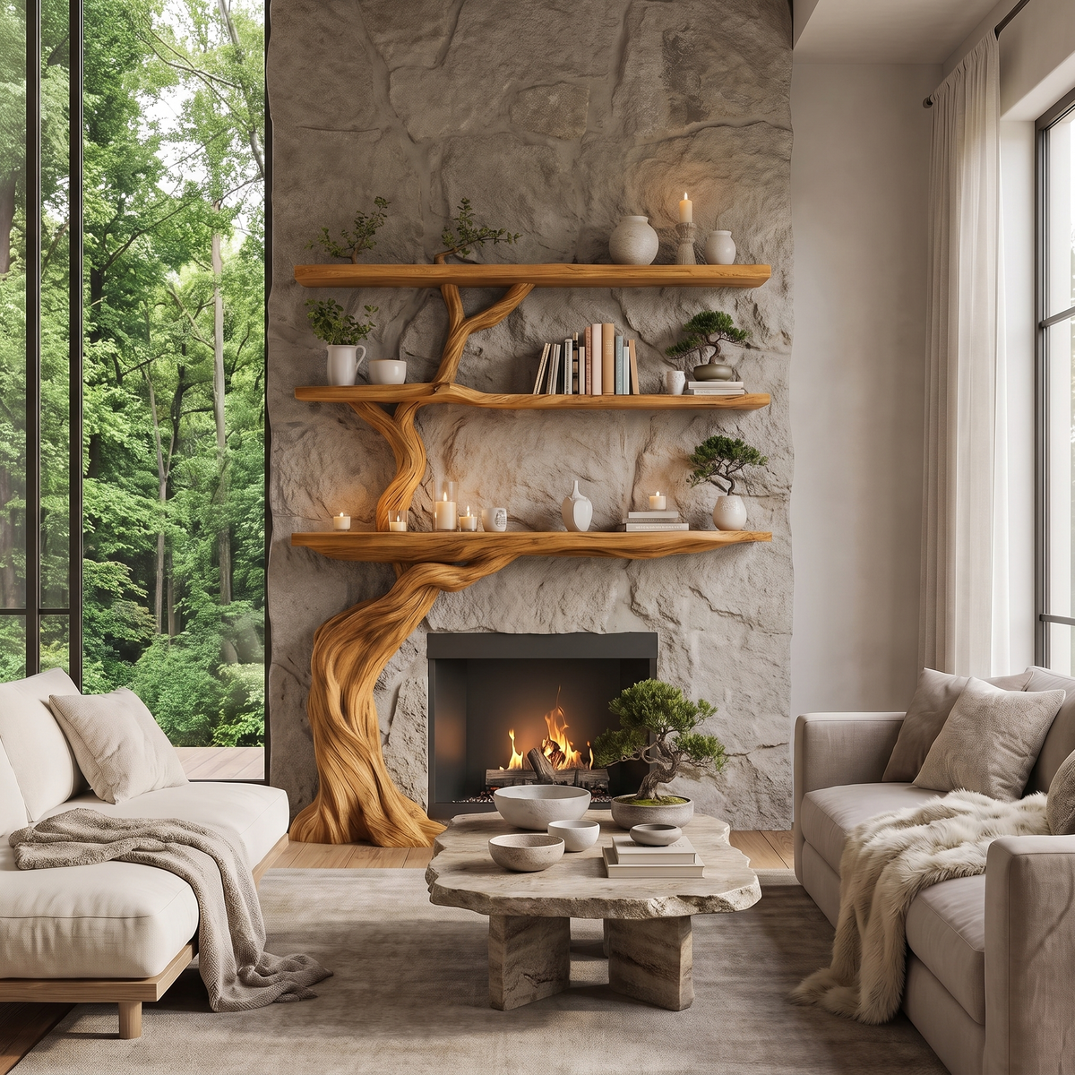 Verdantis Sculpted Solid Wood Tree-Shaped Fireplace Mantel with Display Shelves Teak - Timberustic Tree-Shaped Fireplace Mantel with Display Shelves