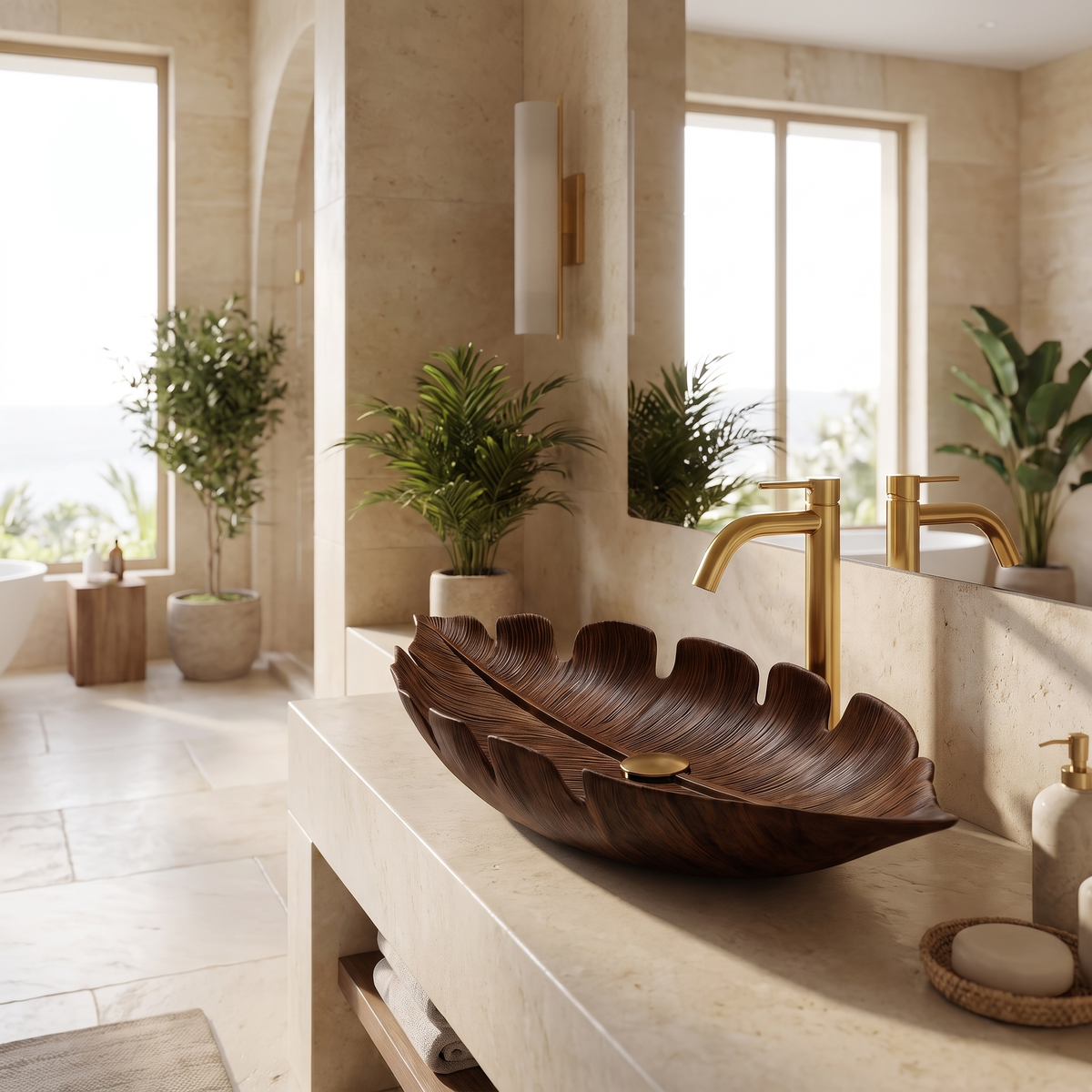 Virelith Handcrafted Solid Wood Leaf Vessel Sink Dark Walnut - Timberustic Vessel Sinks