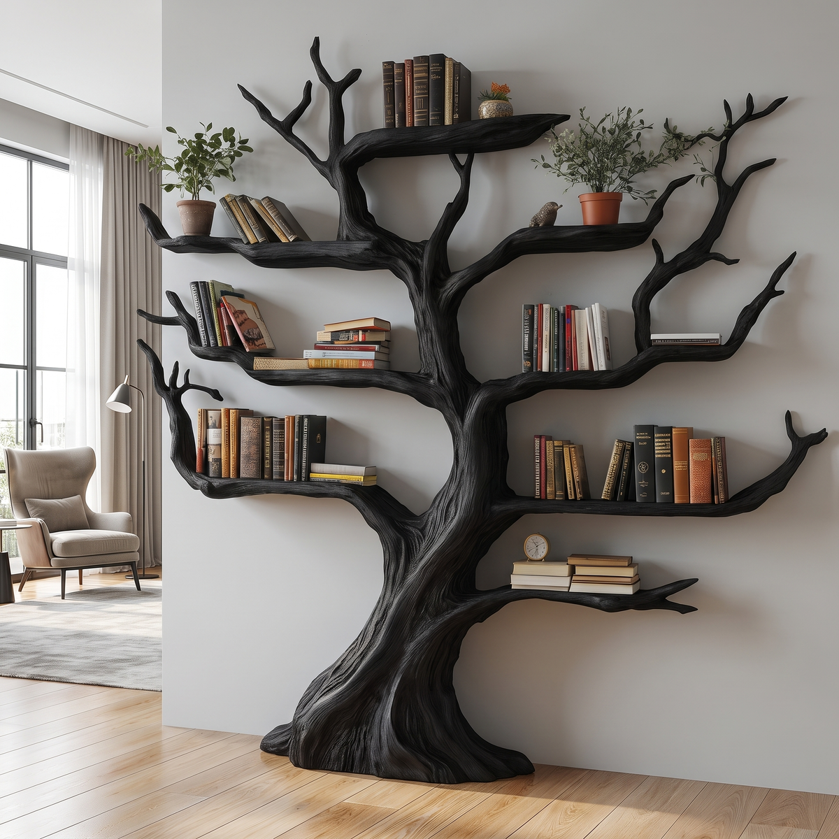 Virelthorn Sculpted Solid Wood Tree Bookshelf Black - Timberustic Tree Bookshelf