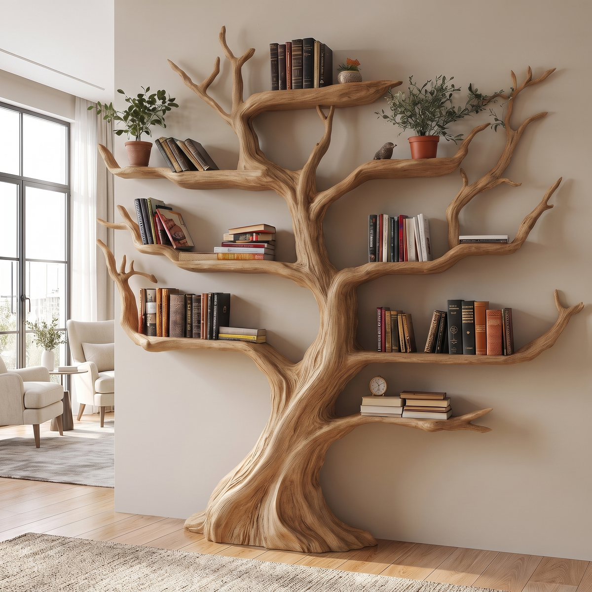 Virelthorn Sculpted Solid Wood Tree Bookshelf Natural Oak - Timberustic Tree Bookshelf