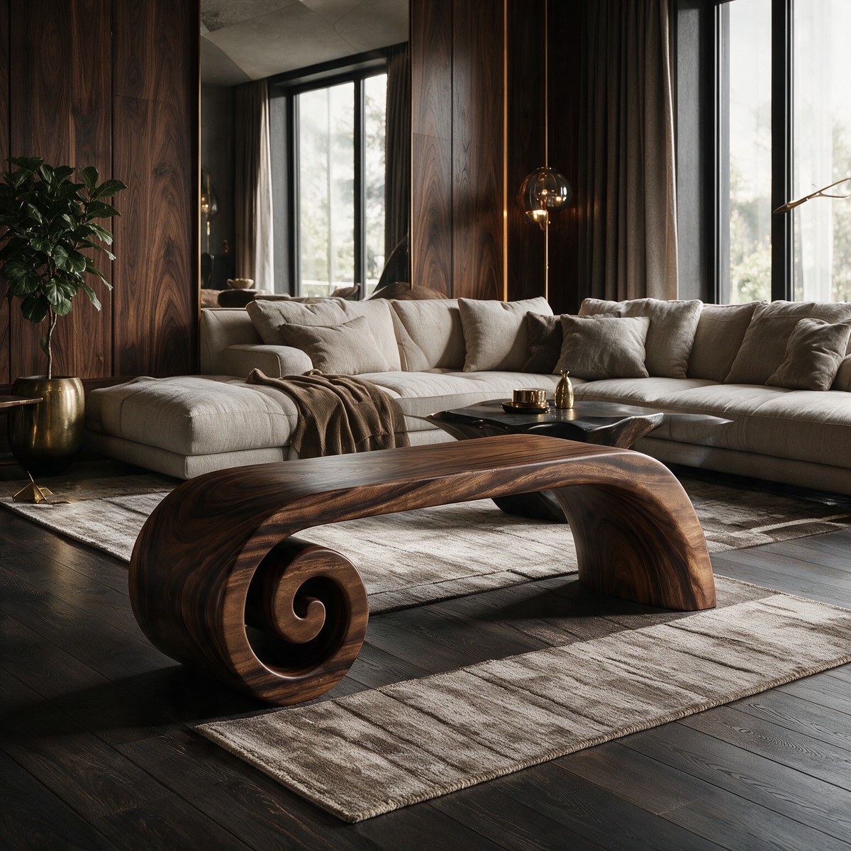 Volutra Sculpted Solid Wood Indoor Bench Brown - Timberustic Bench