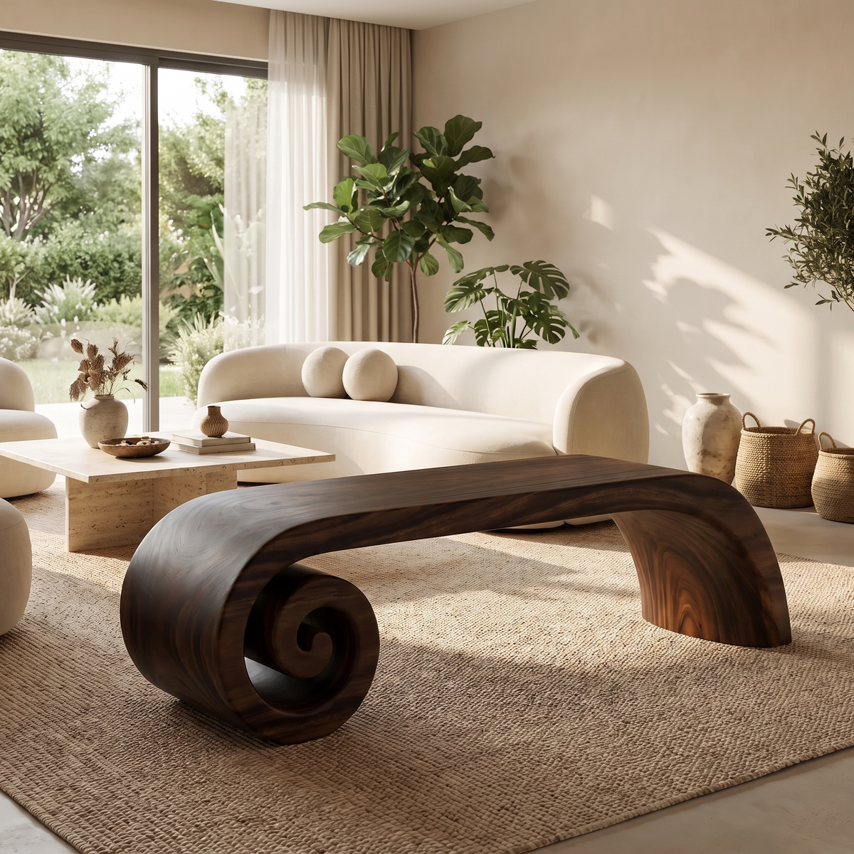 Volutra Sculpted Solid Wood Indoor Bench Dark Walnut - Timberustic Bench