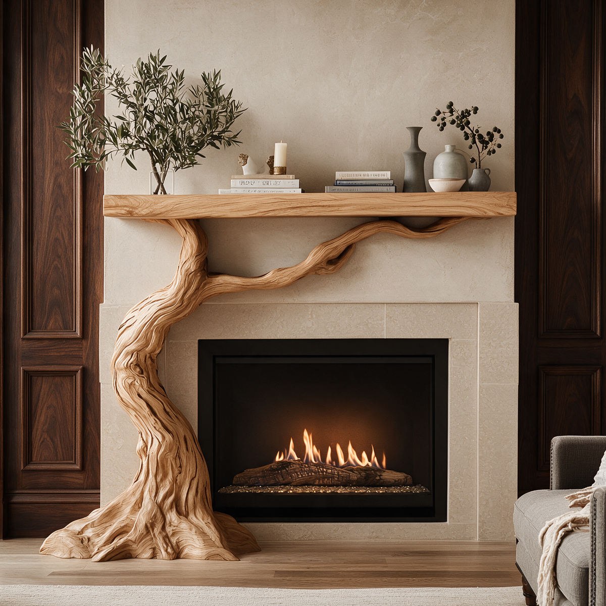 Wildercrest Sculpted Solid Wood Tree-Shaped Fireplace Mantel with Display Shelves Natural Oak - Timberustic Tree-Shaped Fireplace Mantel with Display Shelves