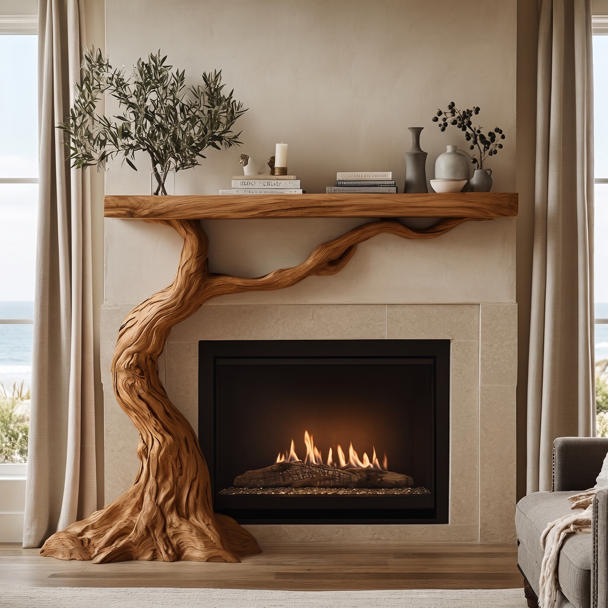 Wildercrest Sculpted Solid Wood Tree-Shaped Fireplace Mantel with Display Shelves Teak - Timberustic Tree-Shaped Fireplace Mantel with Display Shelves