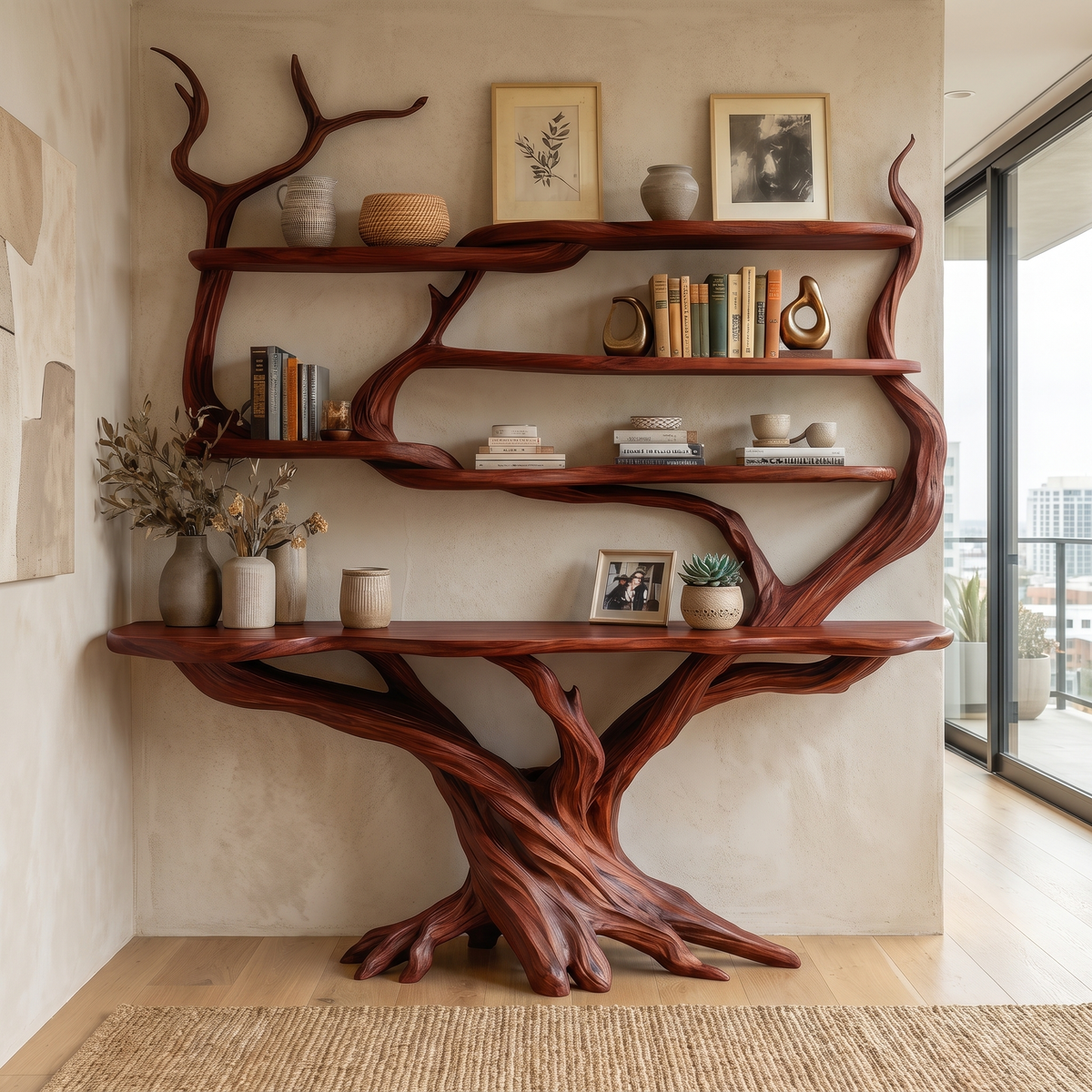 Zerith Sculpted Solid Wood Console Table with Shelves Mahogany - Timberustic Console Table with Shelves
