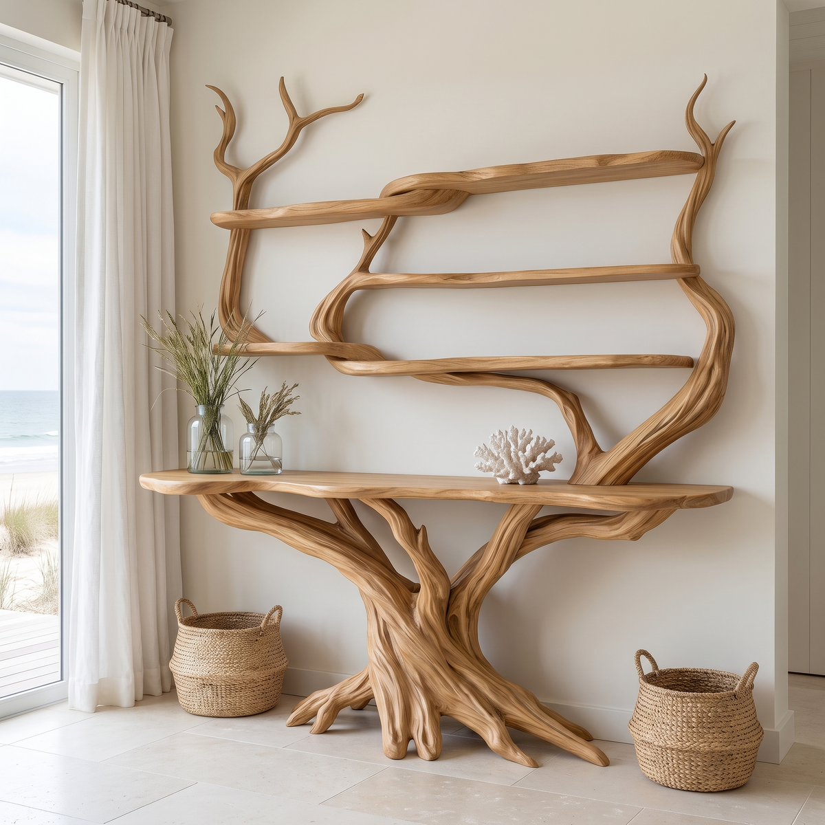 Zerith Sculpted Solid Wood Console Table with Shelves Natural Oak - Timberustic Console Table with Shelves
