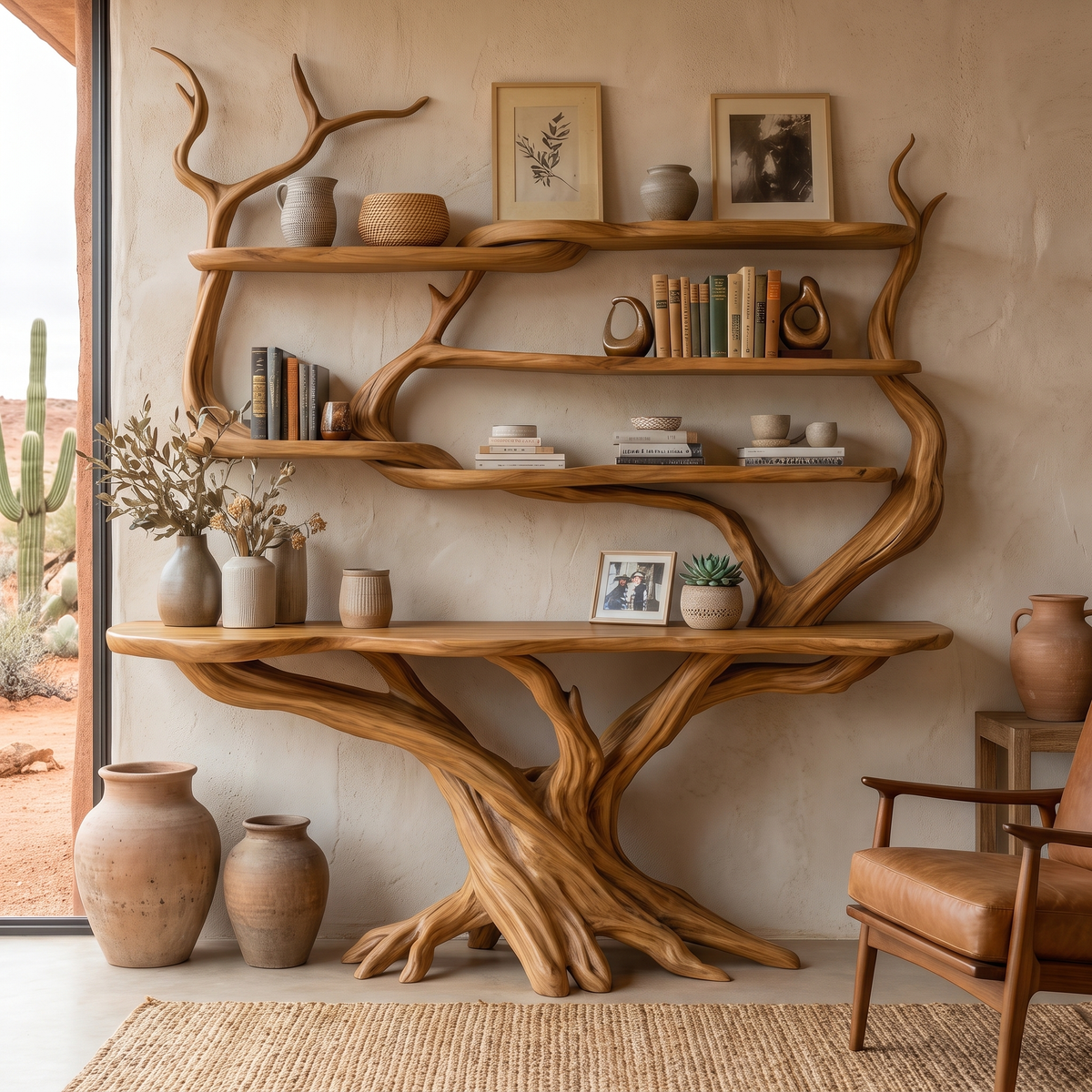 Zerith Sculpted Solid Wood Console Table with Shelves Teak - Timberustic Console Table with Shelves