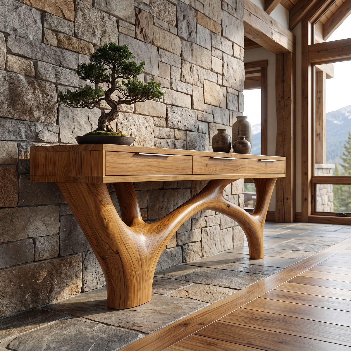 Zorvane Solid Wood Sculpted Console Table Teak - Timberustic Console Table