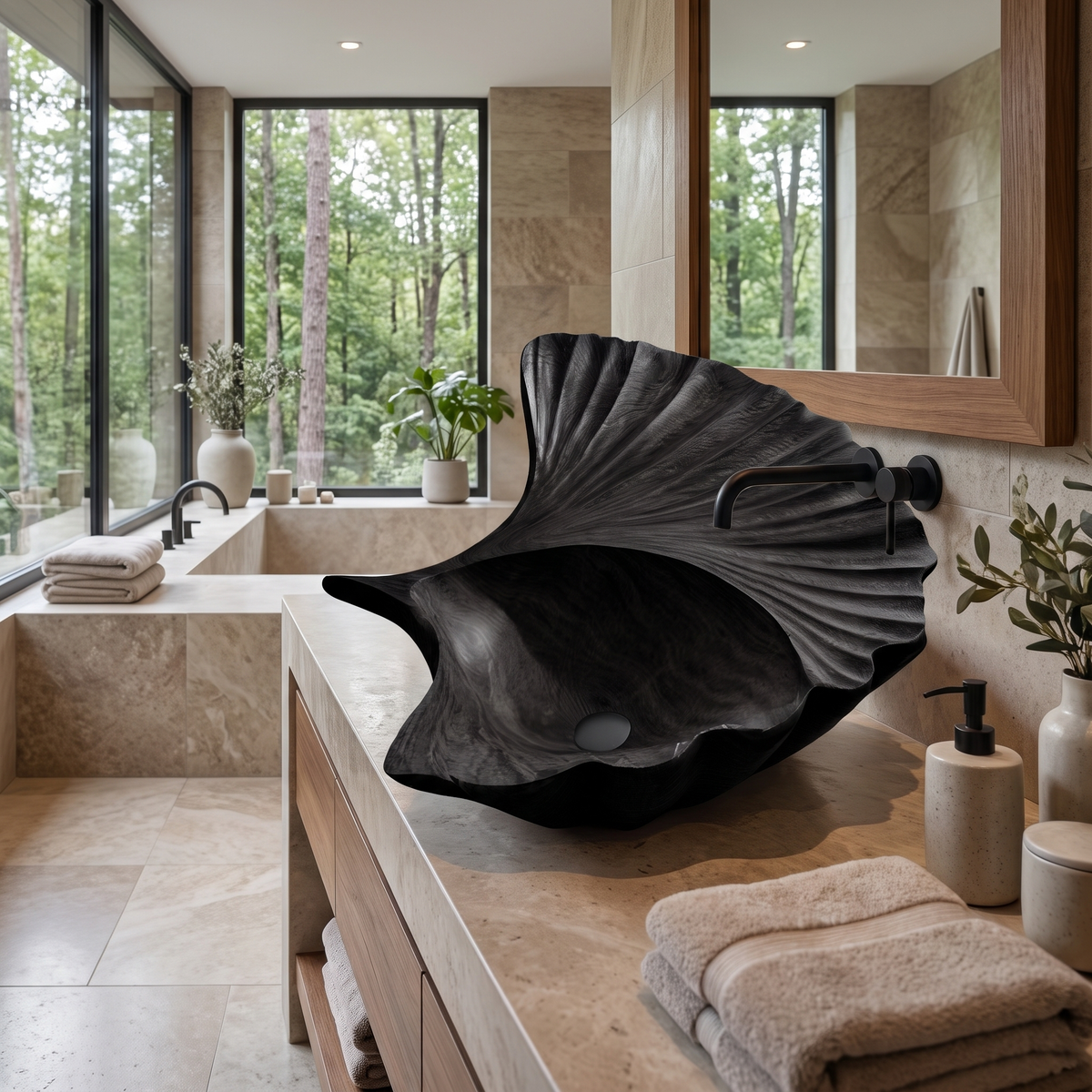 Aelarien Sculpted Fan Shell Handcrafted Vessel Sinks Black - Timberustic Vessel Sinks