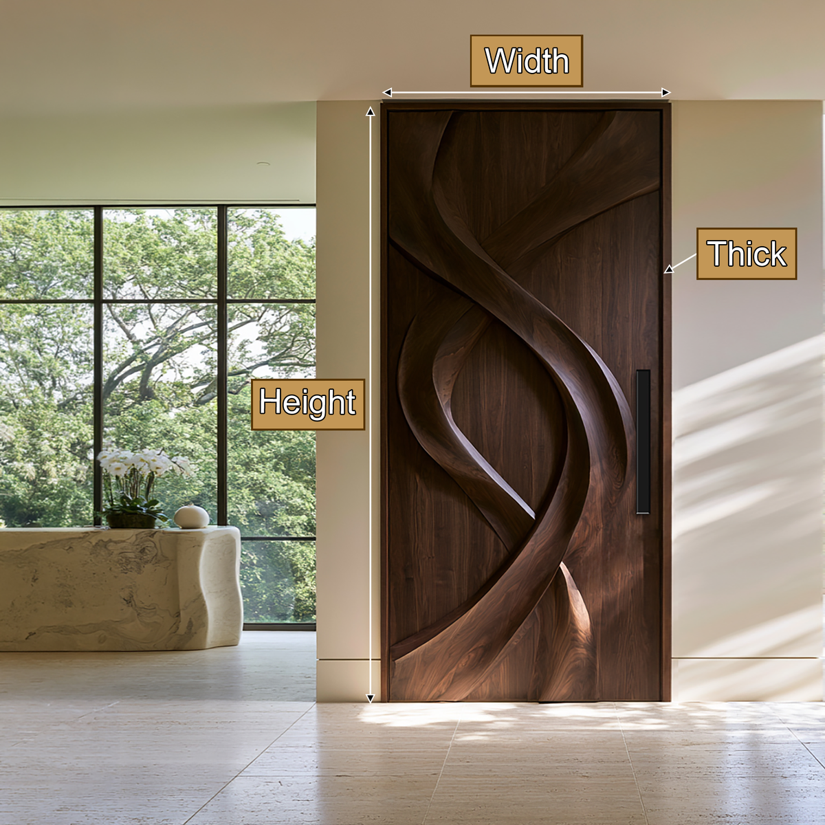 Aelawyn Twisting Ribbon Sculpted Handcrafted Door by Timberustic — product dimensions