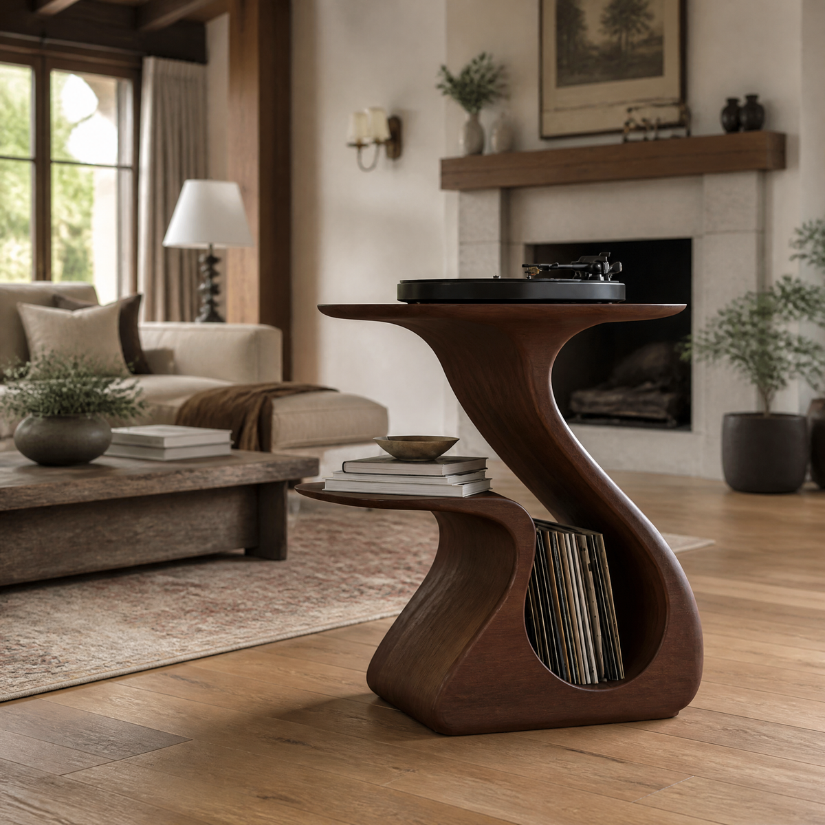 Aelerell Flowing Sculpted Handcrafted Record Player Stand With Storage Dark Walnut - Timberustic Record Player Stand With Storage