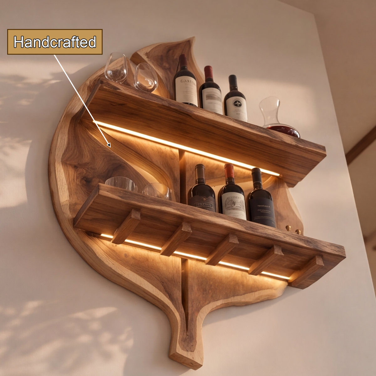 Aelidrin Leaf-Form Sculpted Handcrafted Floating Wine Shelf by Timberustic — handcrafted details