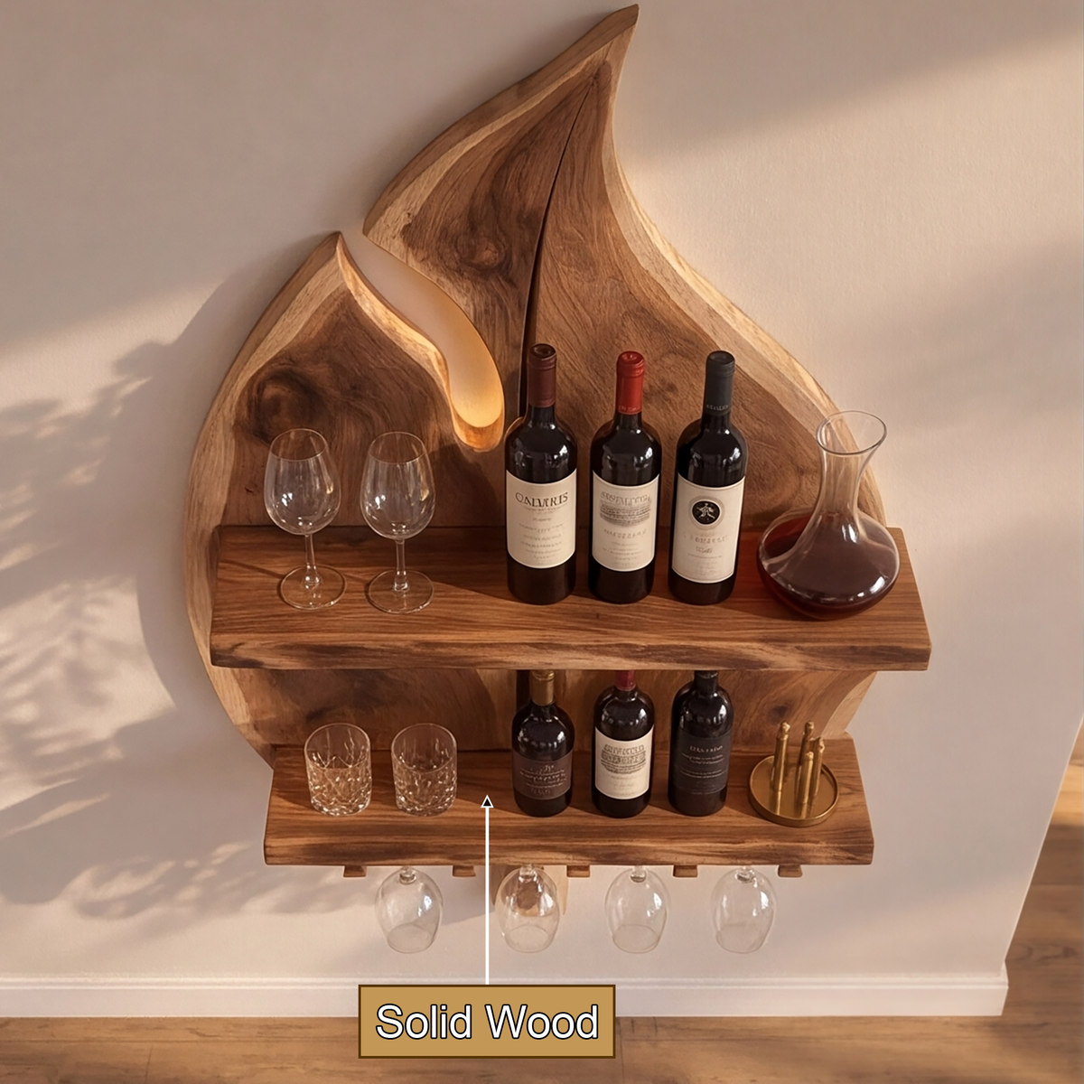 Aelidrin Leaf-Form Sculpted Handcrafted Floating Wine Shelf by Timberustic — solid wood detail