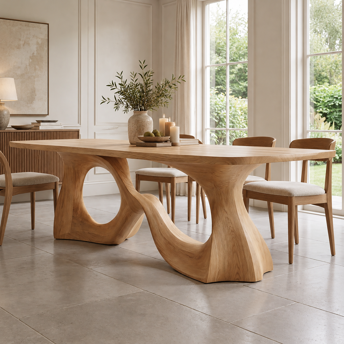 Aelirell Sculpted Loop Base Handcrafted Dining Table Natural Oak - Timberustic Dining Table