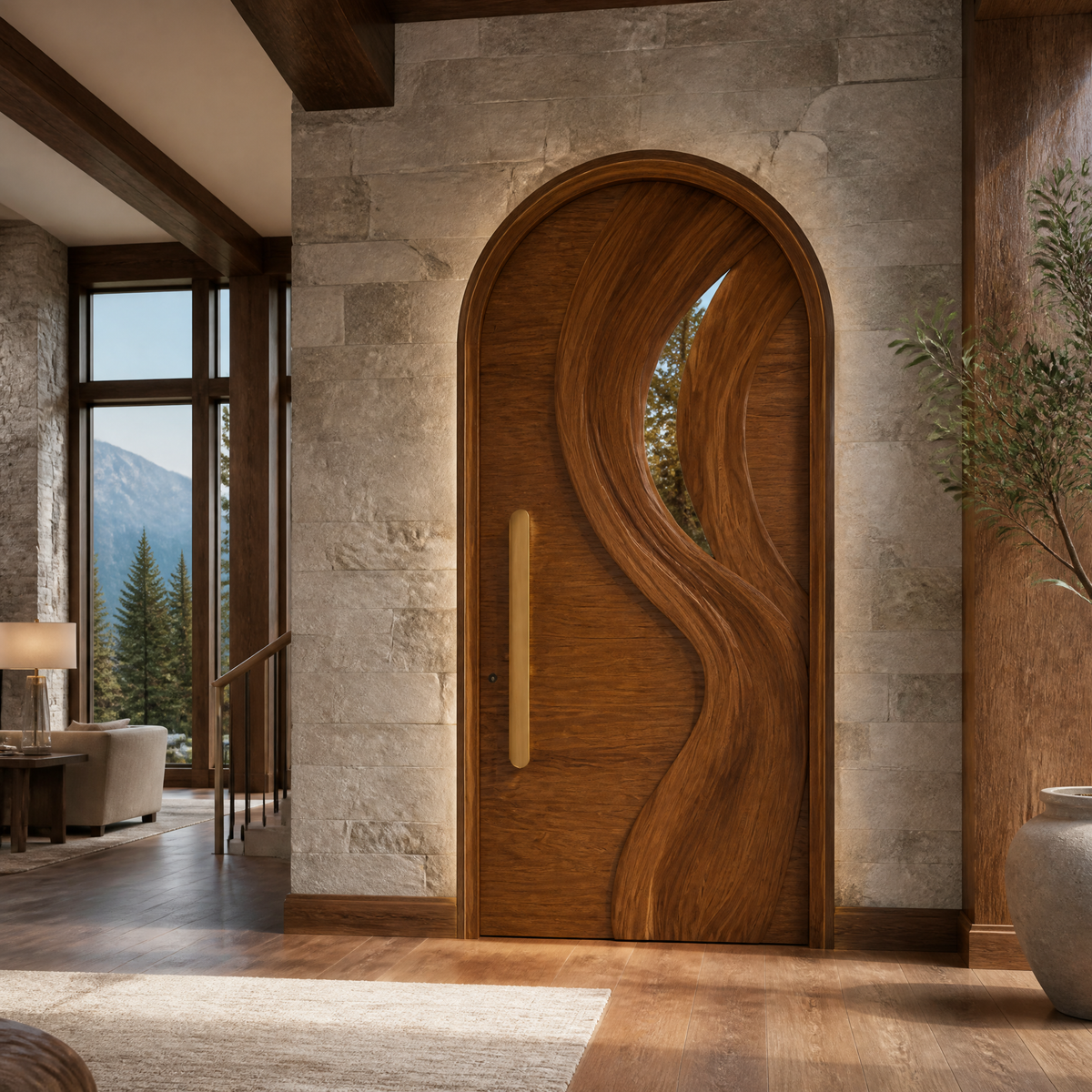 Aelirien Arched Flowing Ribbon Sculpted Handcrafted Door by Timberustic — Brown finish