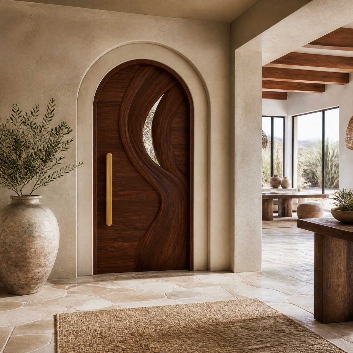 Aelirien Arched Flowing Ribbon Sculpted Handcrafted Door by Timberustic — Dark Walnut finish